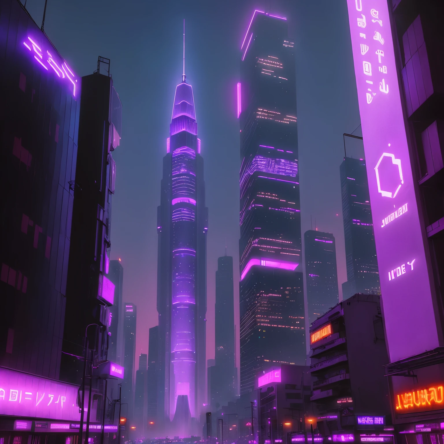 In a semi-cyberpunk city bathed in violet neon lights, a towering skyscraper stands at its heart.