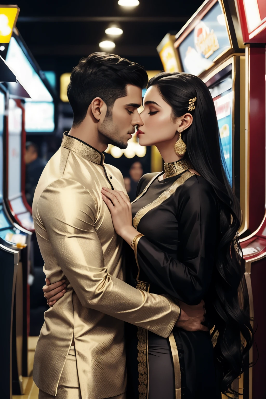 Man wearing grey and black full sleeved t shirt and black track pants kissing a sexy woman wearing a gold ethnic kurta and white pajama with gold embroidery in an arcade