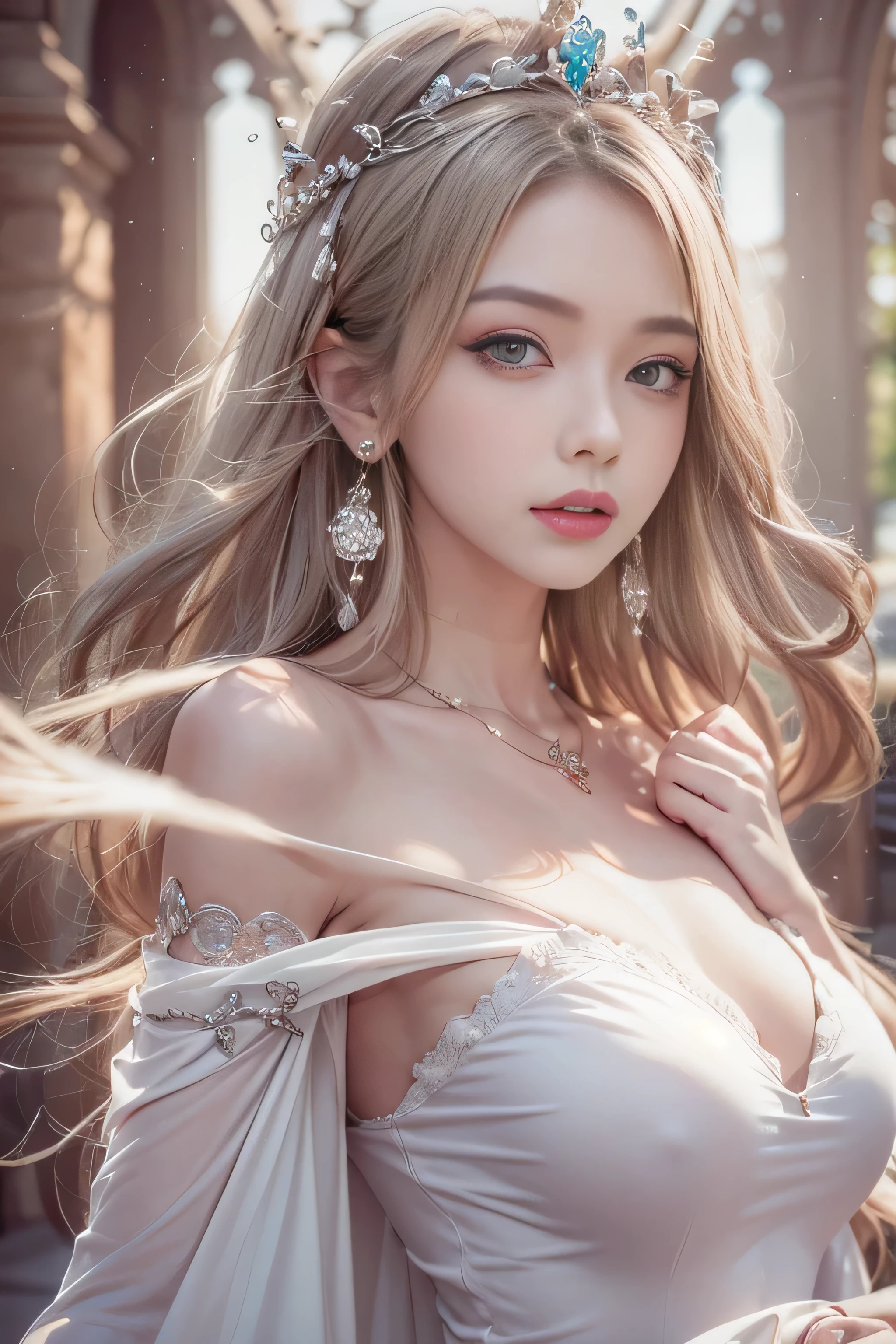 ((masterpiece:1.4)、(highest quality:1.4)、(realistic:1.7))Surreal portrait of a beautiful girl、super beautiful girl、((1 girl:1.4))、Radiant natural skin texture、(The Queen's ornate outfit)、(Off-the-shoulder white one-piece long type:1.4)、(upper arm:1.4、two legs:1.4)、(perfect anatomy:1.4)、(perfect female body:1.4)、girl portrait photography、close up photo、full body shot、fantasy art、soft front light、beautiful expression、cute face、beautiful breasts、big and full breasts:1.2、beautiful butt、detailed eye、obviously eye-catching, beautiful and attractive、beautiful eyes、tight waist、RAW photo、red rift、Arrange long hair in a cool style like a queen、(tiara crown:1.4、チョーカーnecklace:1.4、necklace:1.4、耳Nipple Ring:1.4)、1 screen display、((in front of the castle wall、woman standing in front of a bench)),((Sheer off-the-shoulder white dress))、