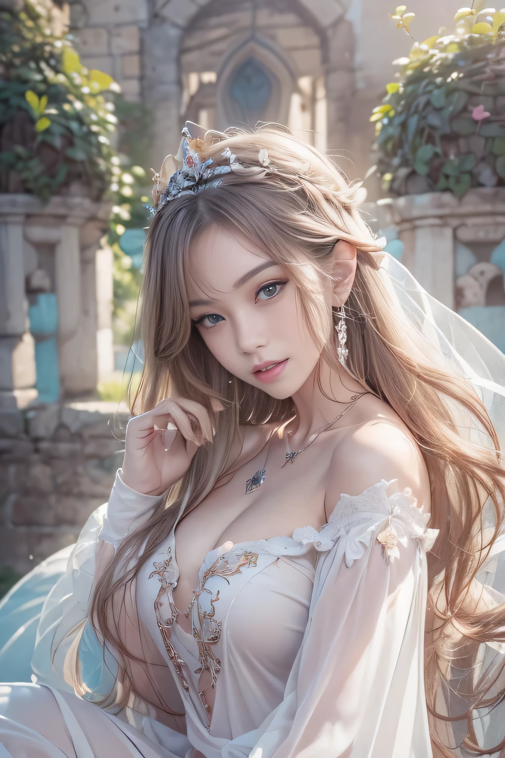 ((masterpiece:1.4)、(highest quality:1.4)、(realistic:1.7))Surreal portrait of a beautiful girl、super beautiful girl、((1 girl:1.4))、Radiant natural skin texture、(The Queen's ornate outfit)、(Off-the-shoulder white one-piece long type:1.4)、(upper arm:1.4、two legs:1.4)、(perfect anatomy:1.4)、(perfect female body:1.4)、girl portrait photography、close up photo、full body shot、fantasy art、soft front light、beautiful expression、cute face、beautiful breasts、big and full breasts:1.2、beautiful butt、detailed eye、obviously eye-catching, beautiful and attractive、beautiful eyes、tight waist、RAW photo、red rift、Arrange long hair in a cool style like a queen、(tiara crown:1.4、チョーカーnecklace:1.4、necklace:1.4、耳Nipple Ring:1.4)、1 screen display、((in front of the castle wall、woman standing in front of a bench)),((Sheer off-the-shoulder white dress))、