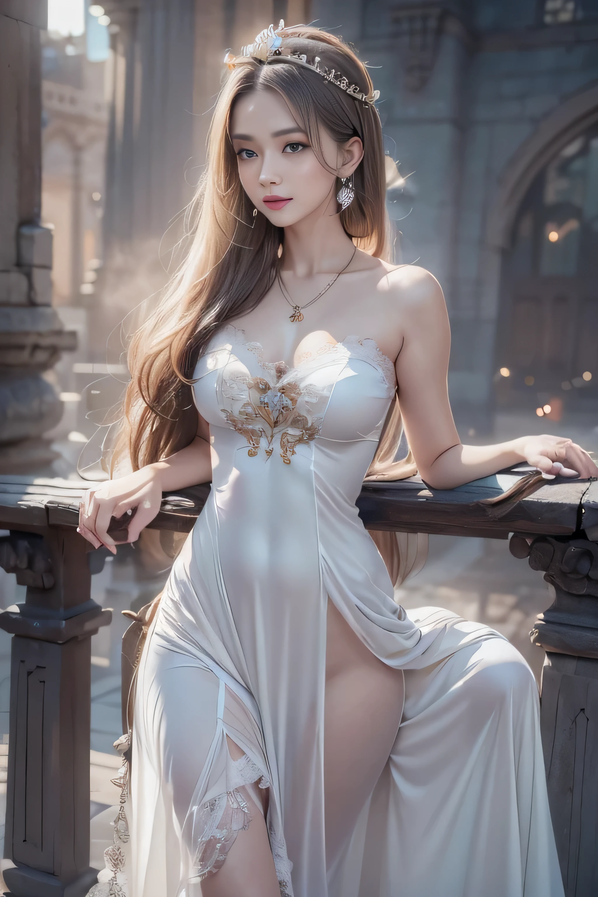 (Woman standing on balcony of palace)girl portrait photography撮影, realistic, High resolution, 1 female, alone, Upper body, beautiful eyes, Close your lips, detailed face, gray hair, long hair, (off shoulder black lace long dress) ,(There is a slit up to the waist.),fur coat, stockings,(night sky full of stars)((masterpiece:1.4)、(highest quality:1.4)、(realistic:1.7))Surreal portrait of a beautiful girl、super beautiful girl、((1 girl:1.4))、Radiant natural skin texture、(The Queen's ornate outfit)、(Off-the-shoulder white one-piece long type:1.4)、(upper arm:1.4、two legs:1.4)、(perfect anatomy:1.4)、(perfect female body:1.4)、girl portrait photography、close up photo、full body shot、fantasy art、soft front light、beautiful expression、cute face、beautiful breasts、big and full breasts:1.2、beautiful butt、detailed eye、obviously eye-catching, beautiful and attractive、beautiful eyes、tight waist、RAW photo、red rift、Arrange long hair in a cool style like a queen、(tiara crown:1.4、チョーカーnecklace:1.4、necklace:1.4、耳Nipple Ring:1.4)、1 screen display、((in front of the castle wall、woman standing in front of a bench)),((Sheer off-the-shoulder white dress))、