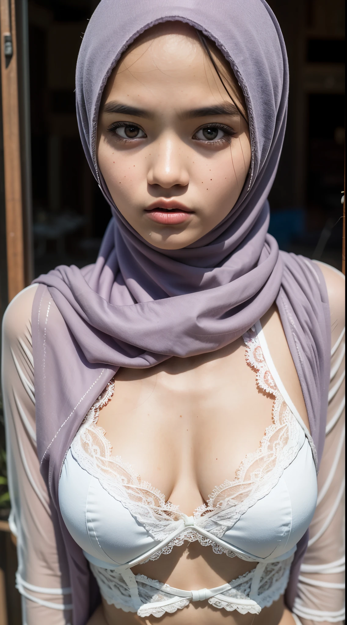 ((Flat Chest)), Naked, Angry pose, Angry face, (((HIJAB MALAY GIRL))), masutepiece, High quality, UHD 45K, Realistic face, Realistic skin feeling , A Japanese Lady, 8 , , Very cute and baby-like face, (((FLAT CHEST))), (MATRIX WORLD), ((look In front  at the camera and SADNESS)), ((())), (((CUTE GIRL))), ((BROWN PASTEL LIPS)), ((PASTEL LACE)), ((CHUBBY)), ((UNDRESS)).