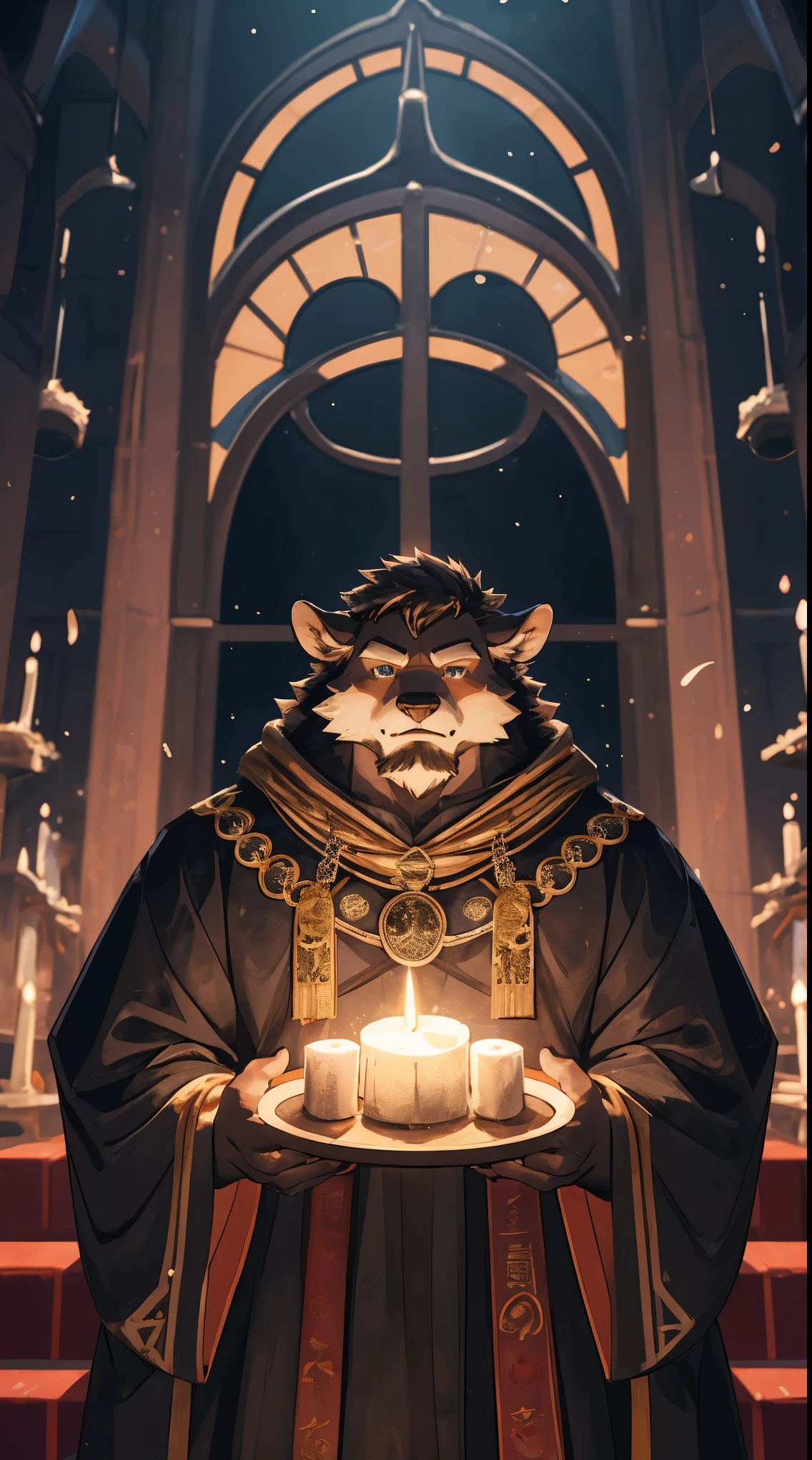hairy的狼兽人,male,golden pupils,21 year old young man,hairy,hansome,church background,gentle expression,Shocking performance,priest's costume,sacred,holy,whole body,8k,Character front,epic setting,Detailed face, hairy的, male,whole body, hairy的肖像, head shot 肖像, Very detailed, expressive, dramatic light, epic setting, Very detailed, light versus darkness, Cinema lighting, intricate details, depth of field