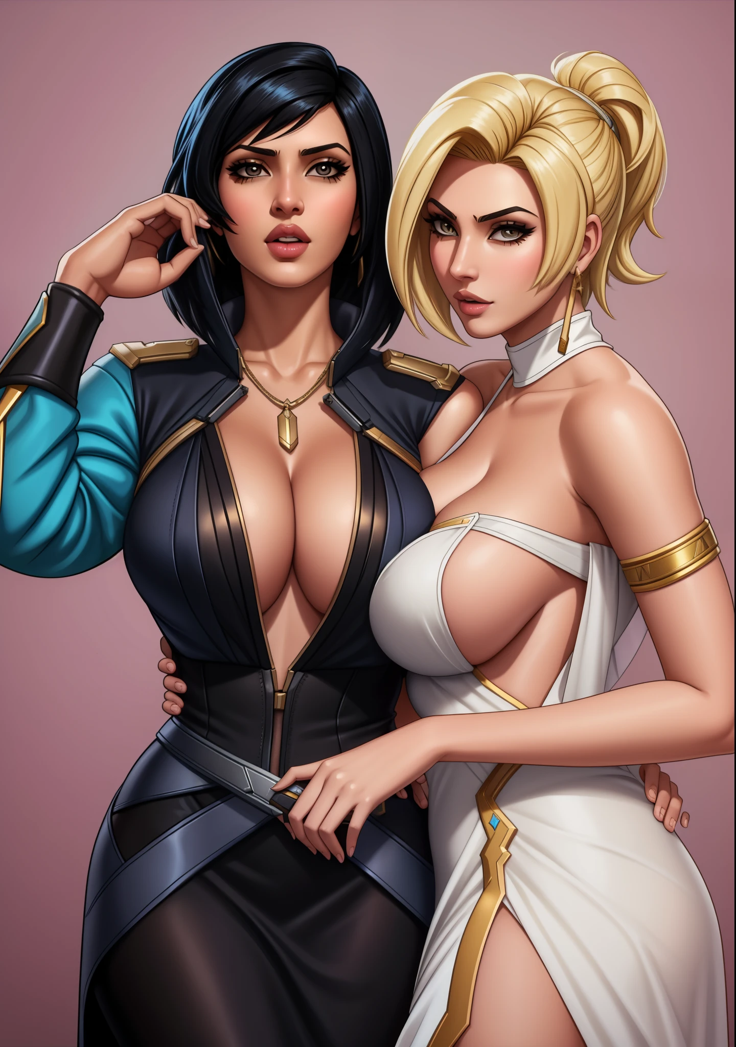 2girls, pharah and mercy, overwatch, blonde hair, black hair, deep v neck, dress