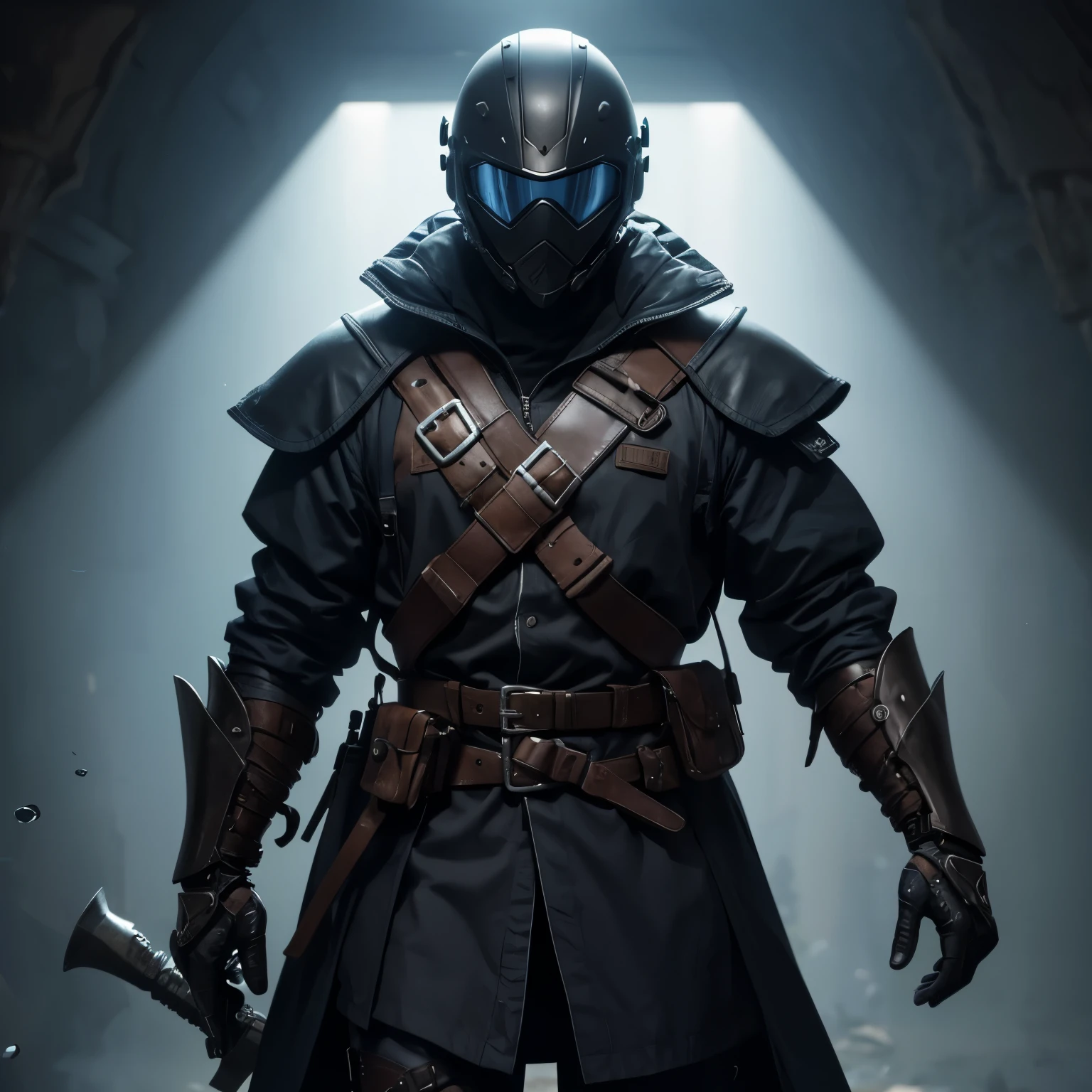 A straight 27 year old male. No skin visible. Works as an adventurer. Has the ability to control technology as long as he is in physical contact with it as well as water manipulation. Combat gear consists of a distressed looking dark blue trench coat covered in medium armor and a helmet that looks like an old metal scuba helmet. Has a biomechanical prosthetic left arm. 
