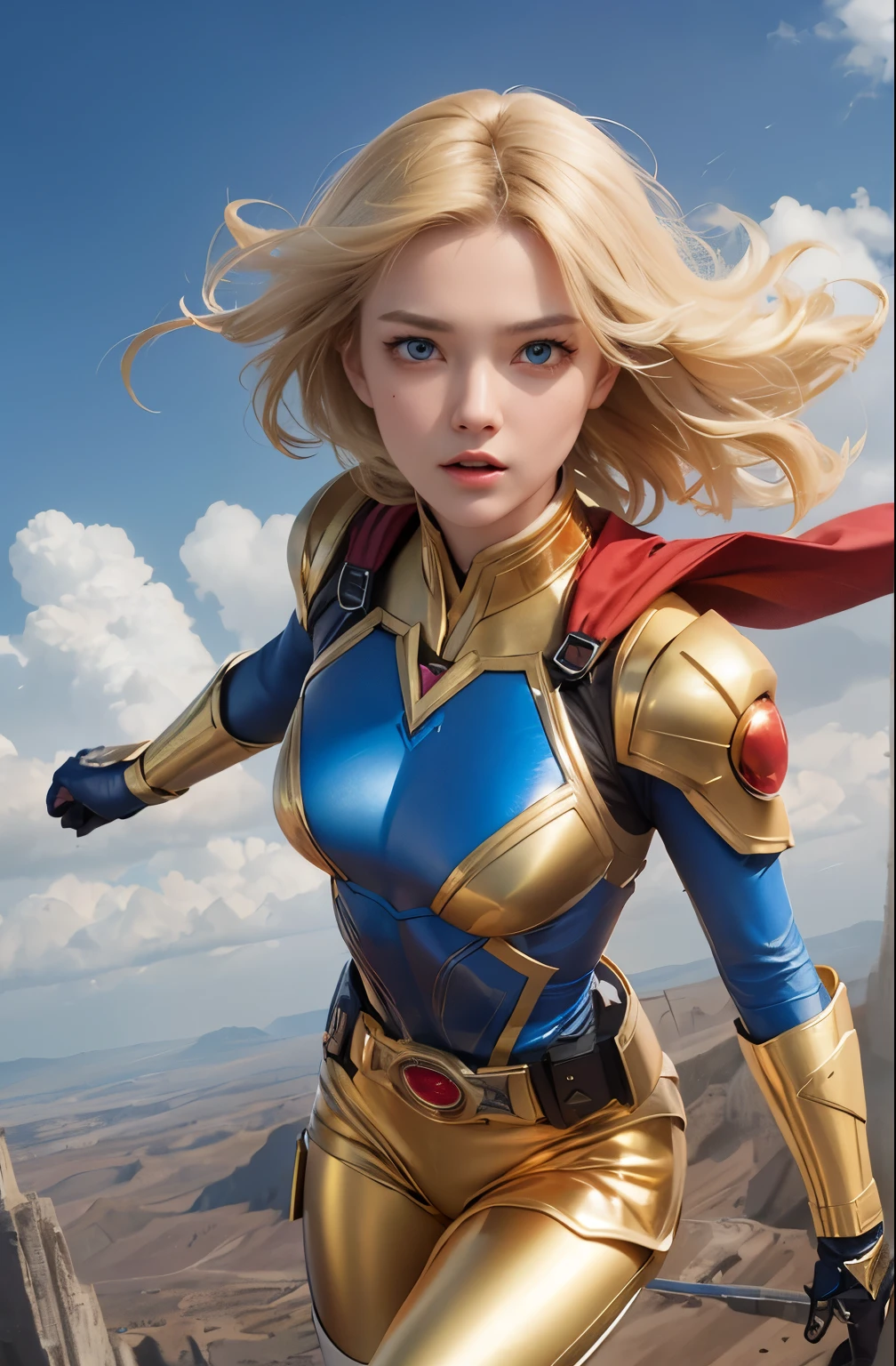 A beautiful woman. Twenty-two years old. Blonde hair and blue eyes. She is dressed in a metallic golden battle uniform. There is something on his waist that is reminiscent of Kamen Rider's transformation belt. She is glaring at the camera with an angry expression. She is floating upright in the sky at high altitude. Below me, a desolate reddish-brown world spreads out.