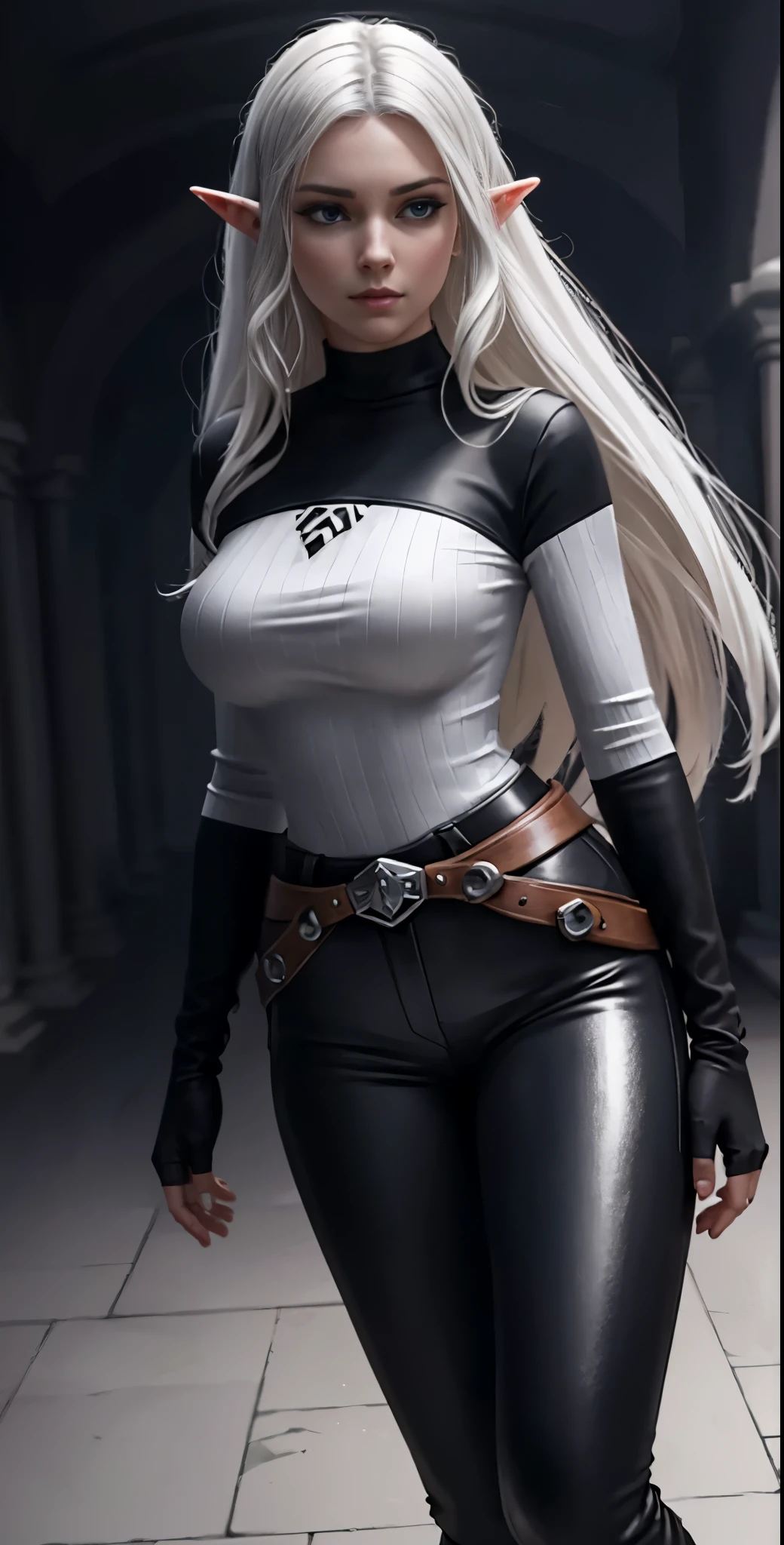 full body portrait of beautiful 1girl, solo, elf ((milf)), (very long) silver hair, tied in a knot, ((black tight long sleeve shirt)), (black knee-high riding leather boots), ((white leggings)), Anime style photo, Manga style, Digital art, glow effects, Hand drawn, render, 8k, octane render, cinema 4d, blender, dark, atmospheric 4k ultra detailed, cinematic sensual, Sharp focus, hyperrealistic, big depth of field, Masterpiece, colors, 3d octane render, 4k, concept art, trending on artstation, hyperrealistic, Vivid color, huge breasts, palace corridor, black gloves, (looking at viewer), (seductive:0.8),(smile:0.3)(evil:0.5), (from below:0.7),confident, belt,Zelda,queen, goddess 