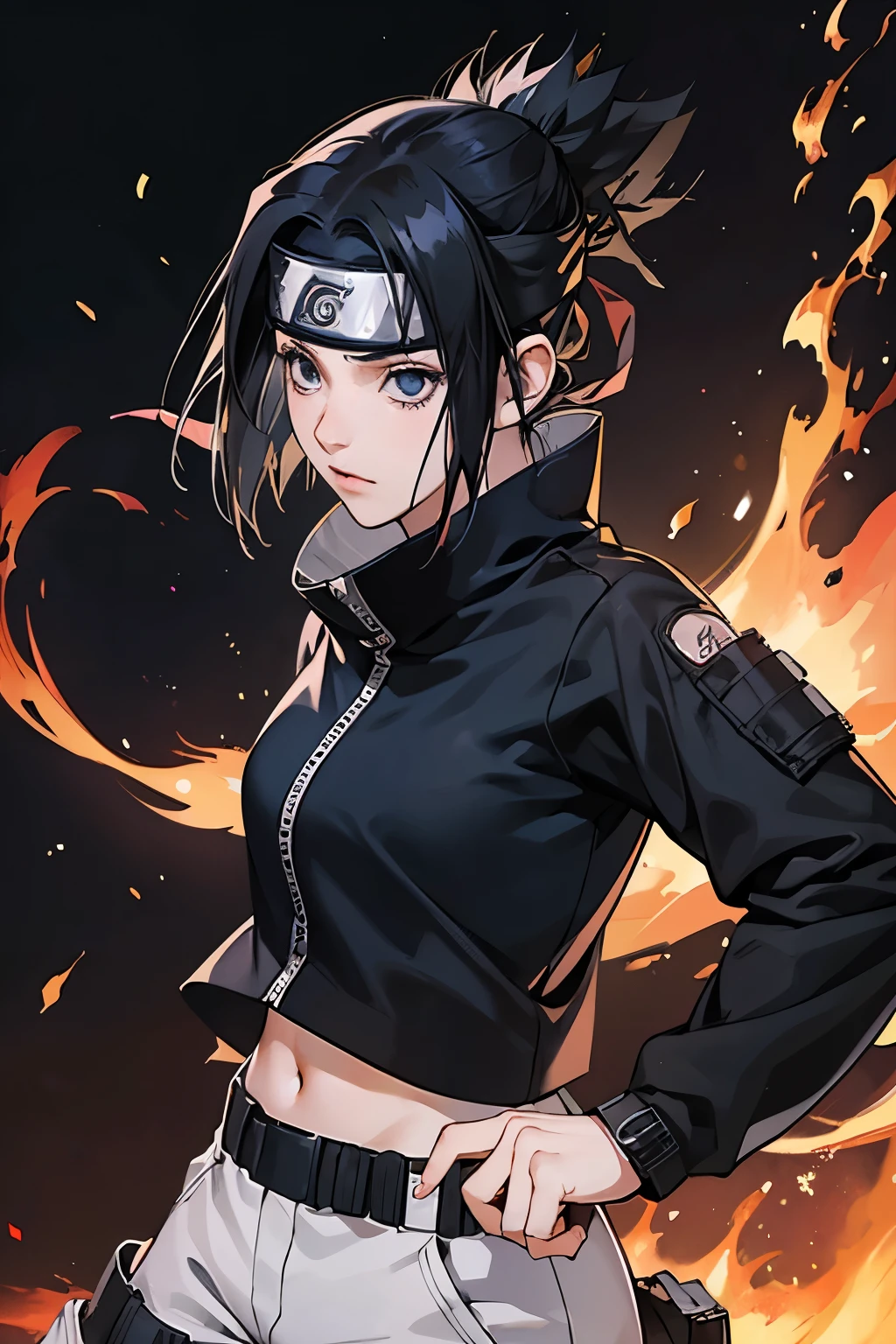 1 girl, (), black hair, Black eyes, ninja, anime naruto, detailed face (Black eyeasterpiece, кадр из anime naruto