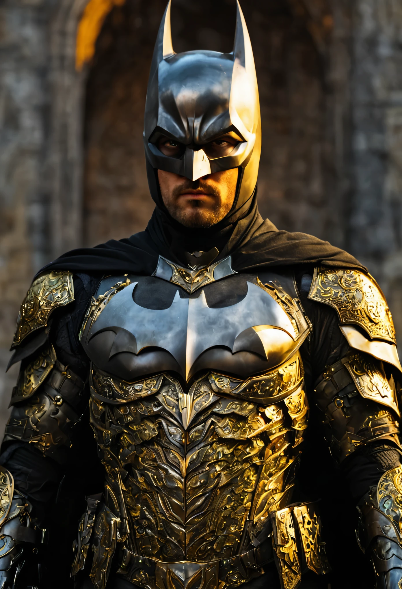 Batman with green pupils, confident expression, wearing beautiful silver armor with golden patterns all over the armor, exuding a dark yellow glow, In the background, a medieval castle
