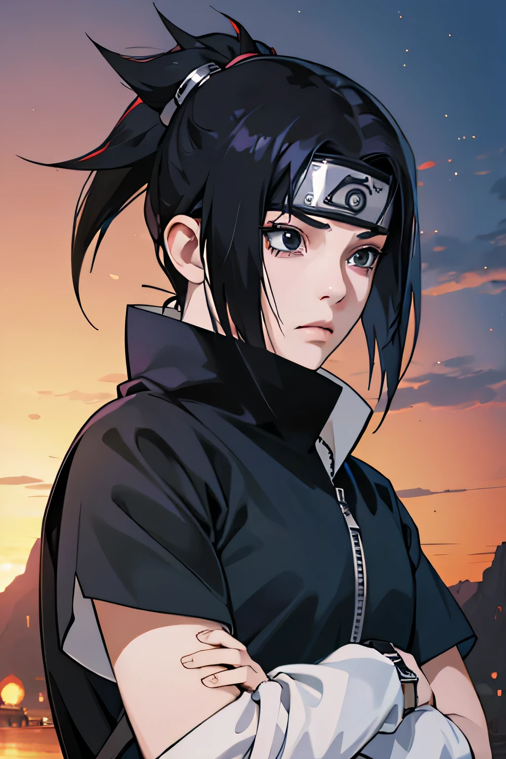 1 girl, (), black hair, Black eyes, ninja, anime naruto, detailed face (black eye, кадр из anime naruto
