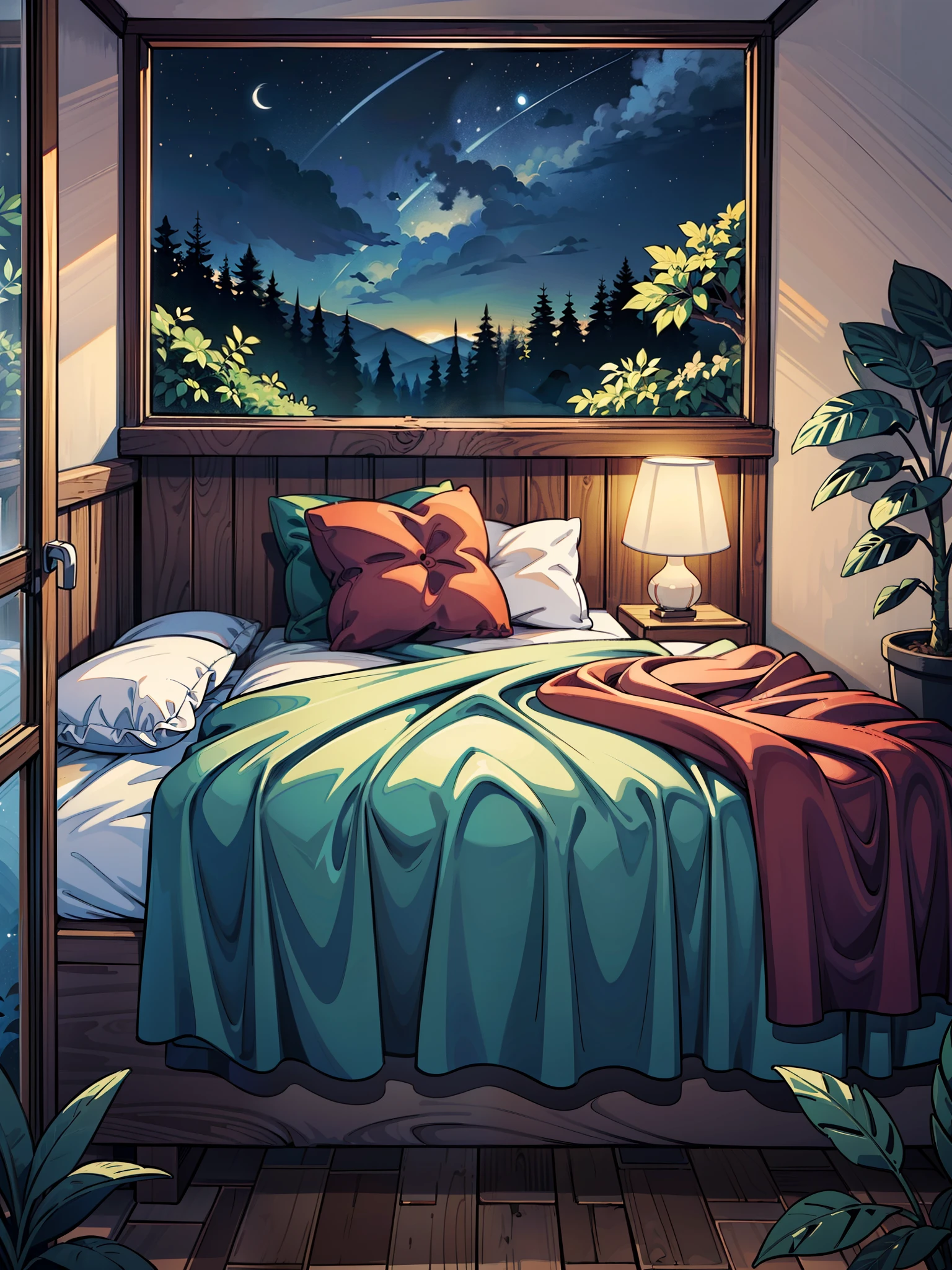 (masterpiece:1), (Full view:1.5), (a cozy bedroom with comfy bed with quilt:1.6), (forest visible from window:1.3), silence, (tropical leafy plants all around:1.1), magnificent sky, (Dim volumetric light:1.4), peaceful, (beautiful sky), (night scene:1.4), (ghibli environment), beautiful tones, subtle colors, peaceful, (illustration: 1.0), epic composition, realistic lighting, HD details, masterpiece, best quality, ,