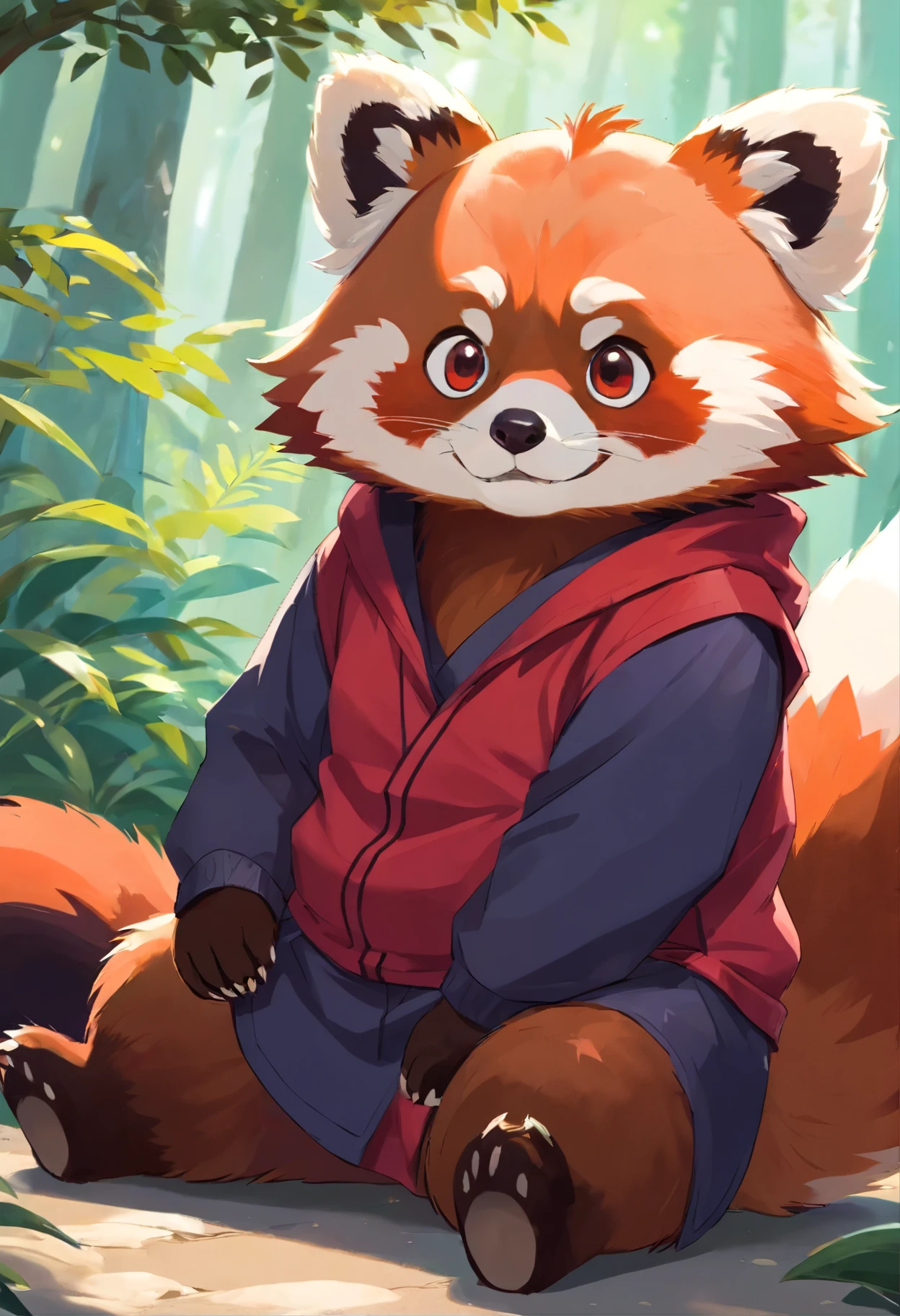 red panda，big belly，male，red clothing，young，furry，anime characters，毛茸茸的red pandaanime characters，blue eyes
