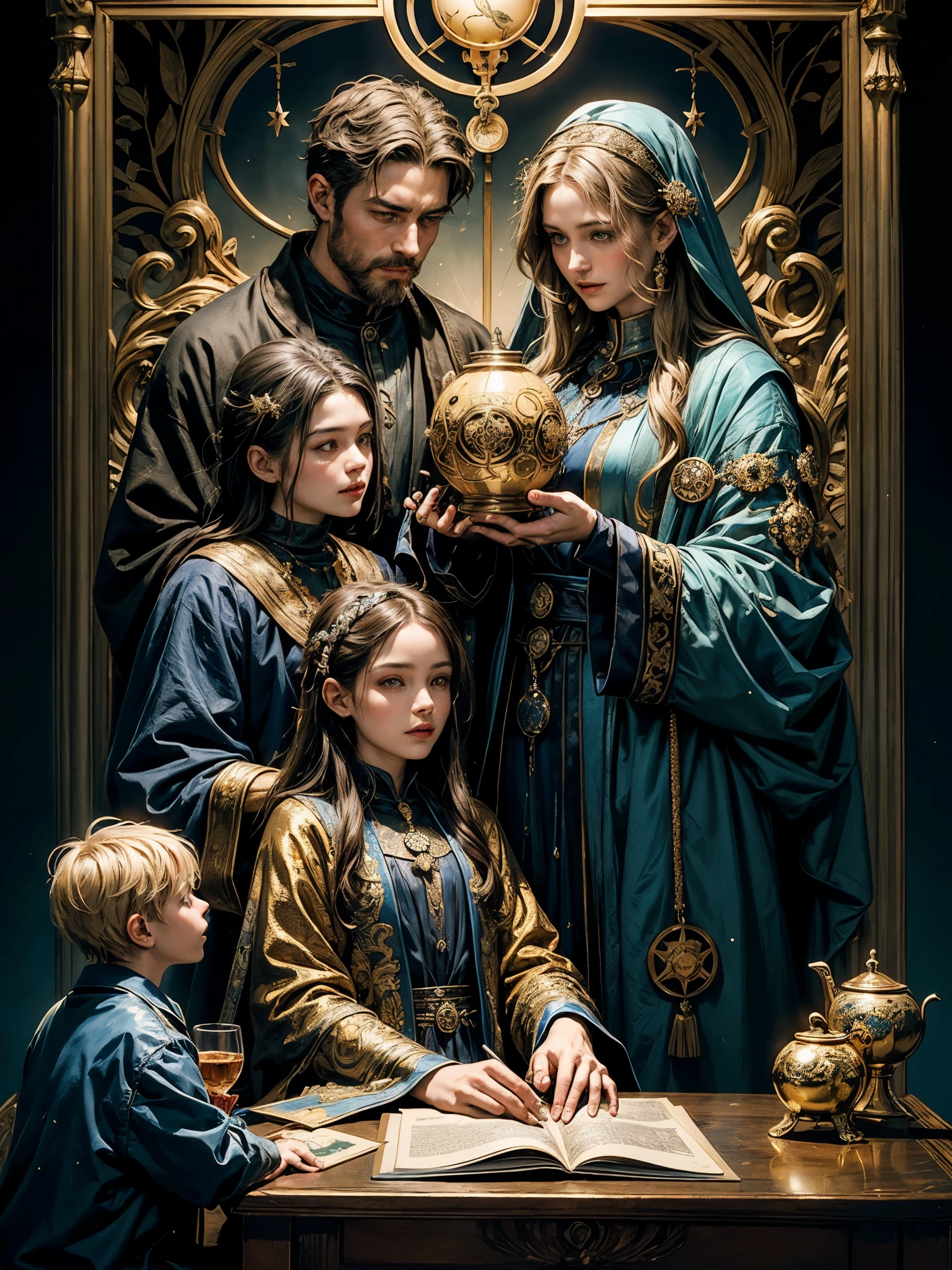 In the image of the tarot card Ten Pentacles the oldest head of the family holds a family coat, and his family members are deposed around, they behave with dignity and nobility, 10 pentacles are located above of this family, stylized in blue and gold colors, full hd, hyper realistic, realistic style, the best quality