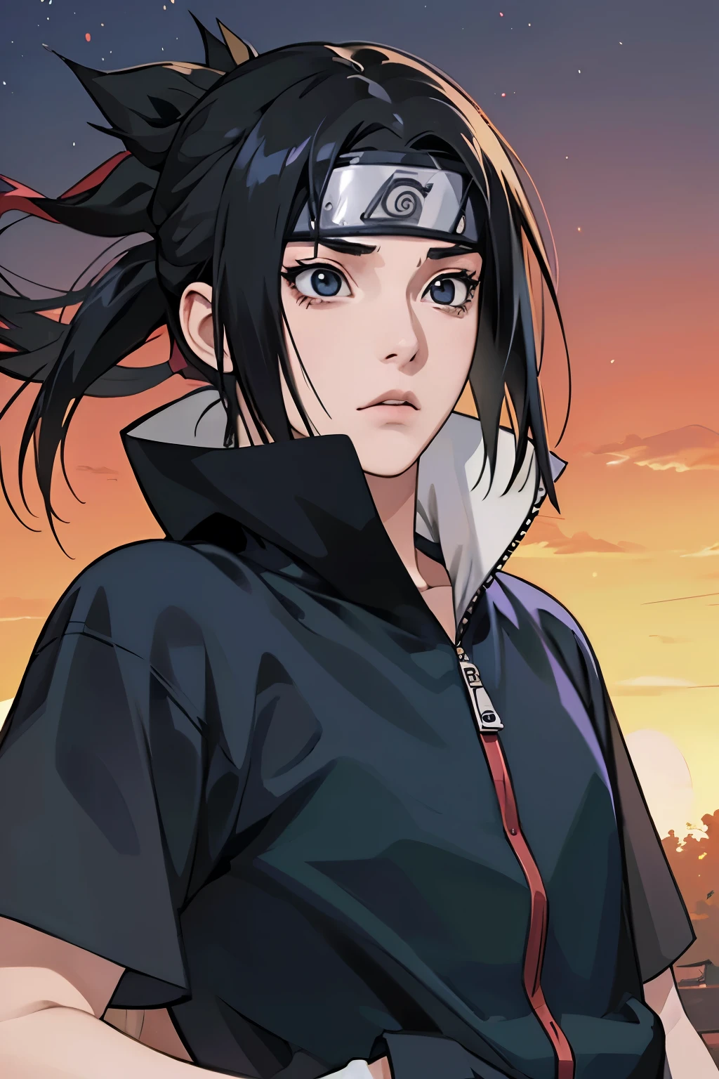 1 girl, (13 years), black hair, Black eyes, ninja, anime naruto, detailed face (Black eyeasterpiece, кадр из anime naruto
