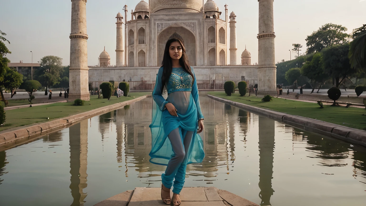 18 year old South Indian Andhra fair slim skinny girl in transparent salwaar kameez showing all body standing infront of tajmahal