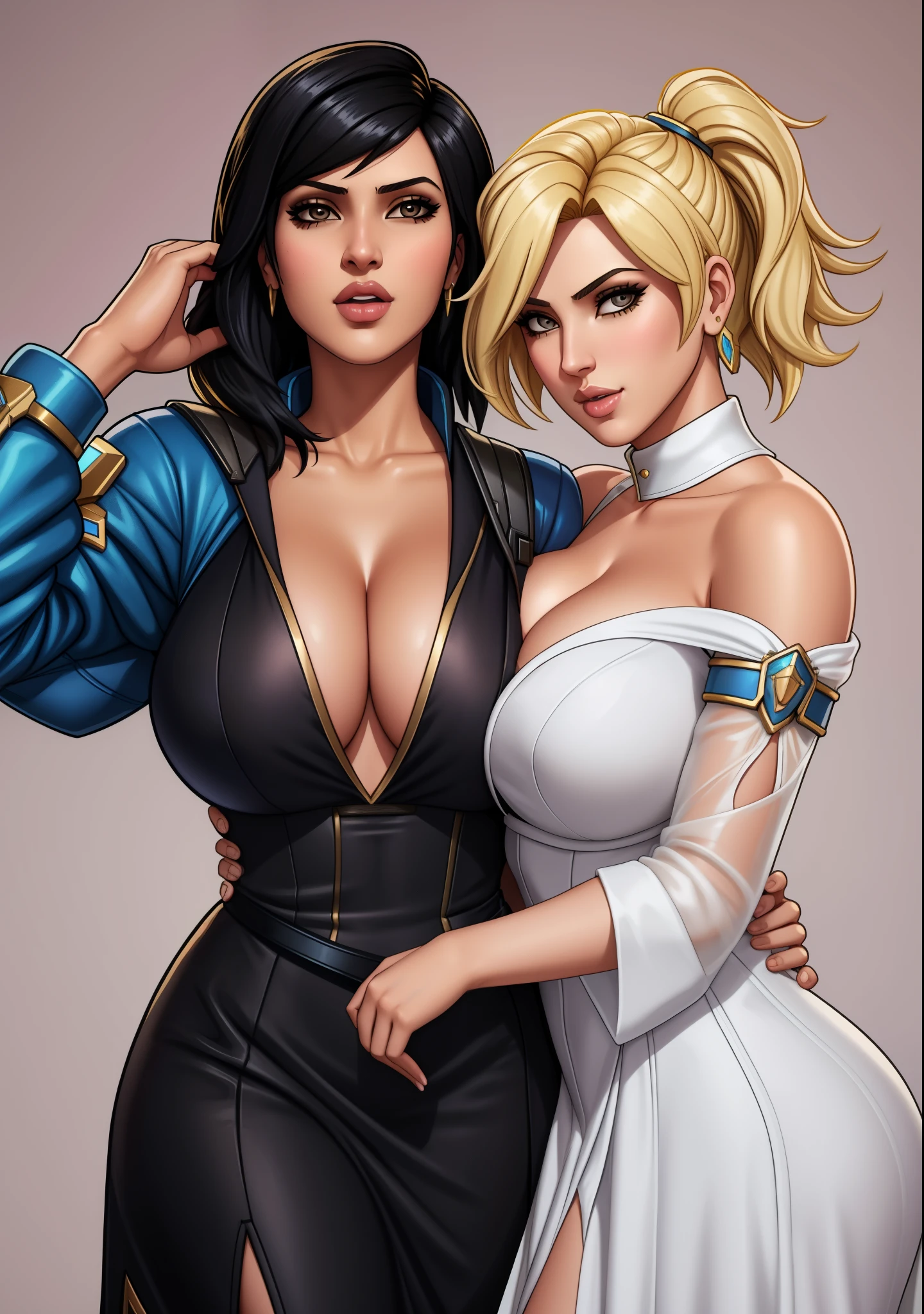 2girls, pharah and mercy, overwatch, blonde hair, black hair, deep v neck, dress, lesbian