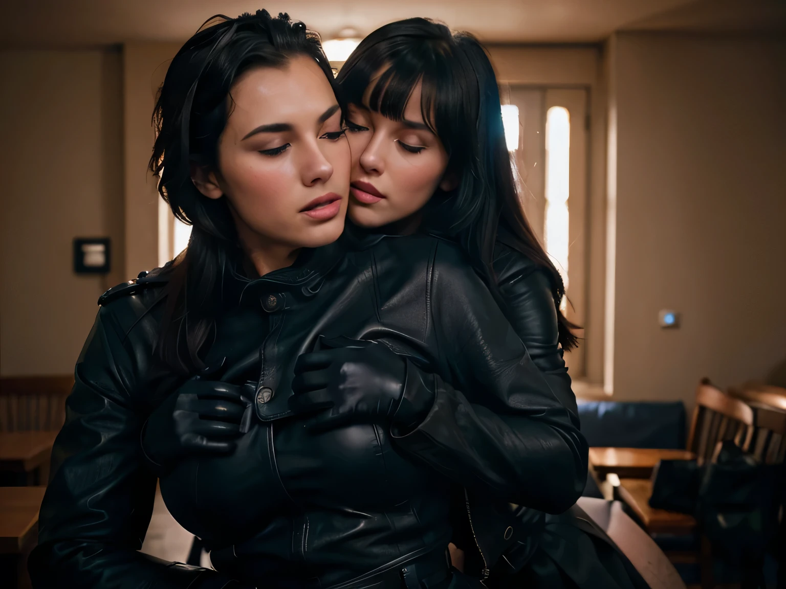 Sweaty sensual betty page eyes closed looking girl with and blue eyes and black leather coat soft black gloves and a skirt holding her breast with a man behind her kissin her on the back on the edge of a montain and the photo is taken from up front