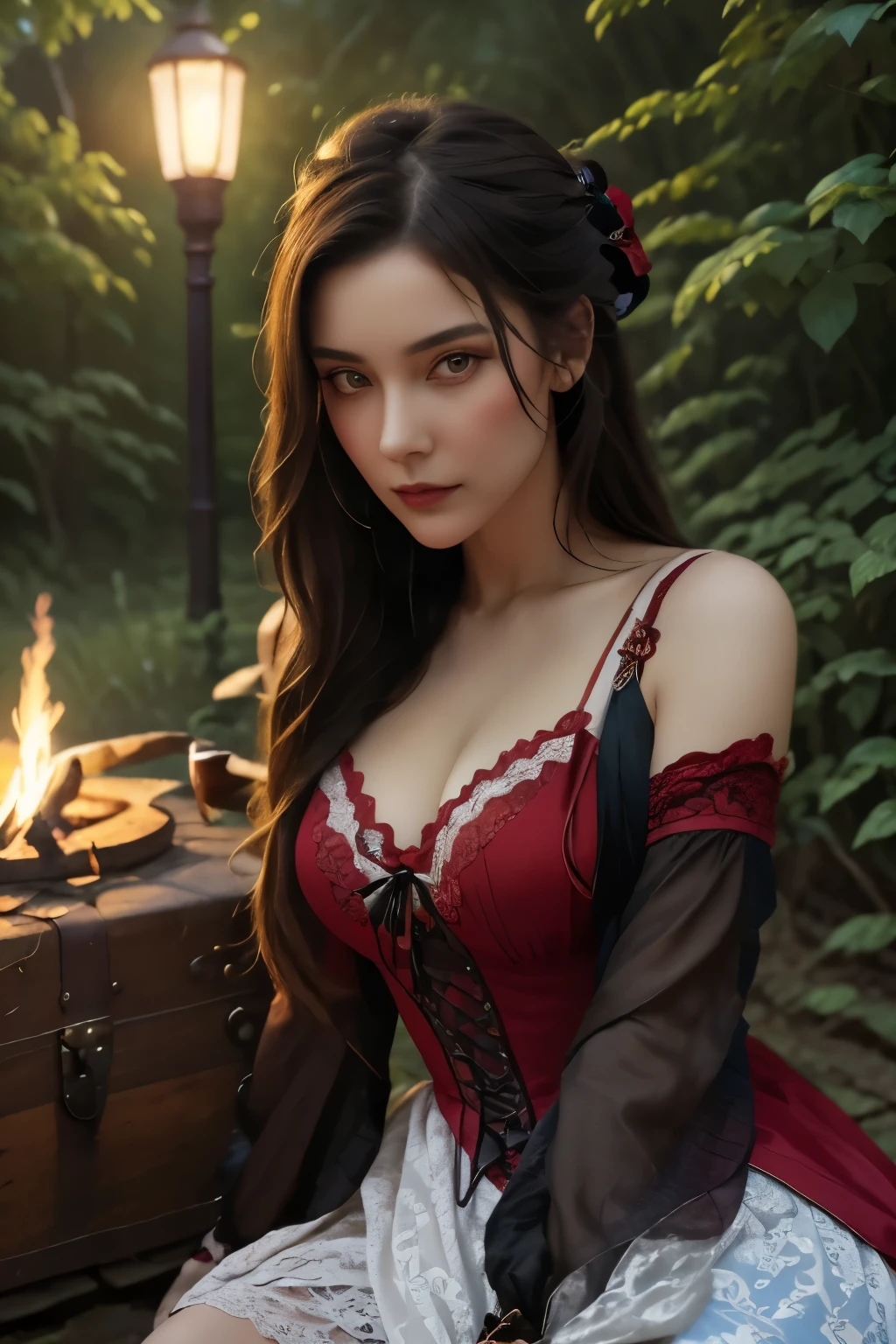 An artistic vision of a young alluring and hot witch dressed in pirate ****ta style.  She has a lustful and lascivious look is sitting on a trunk in a bivouac by a campfire in the middle of the forest. Treasure chest, travel bags, a kettle, wine bottles, goblets, gold bars, kerosene lamp lies around. Her dress is embroidered in red flower patterns and adorned with white lace and bows. Blue hour. Intricately detailed. Masterpiece. Close-up shot. Cluttered maximalism. 64k, Ultra dynamic range. High angle. Haunting atmosphere. 