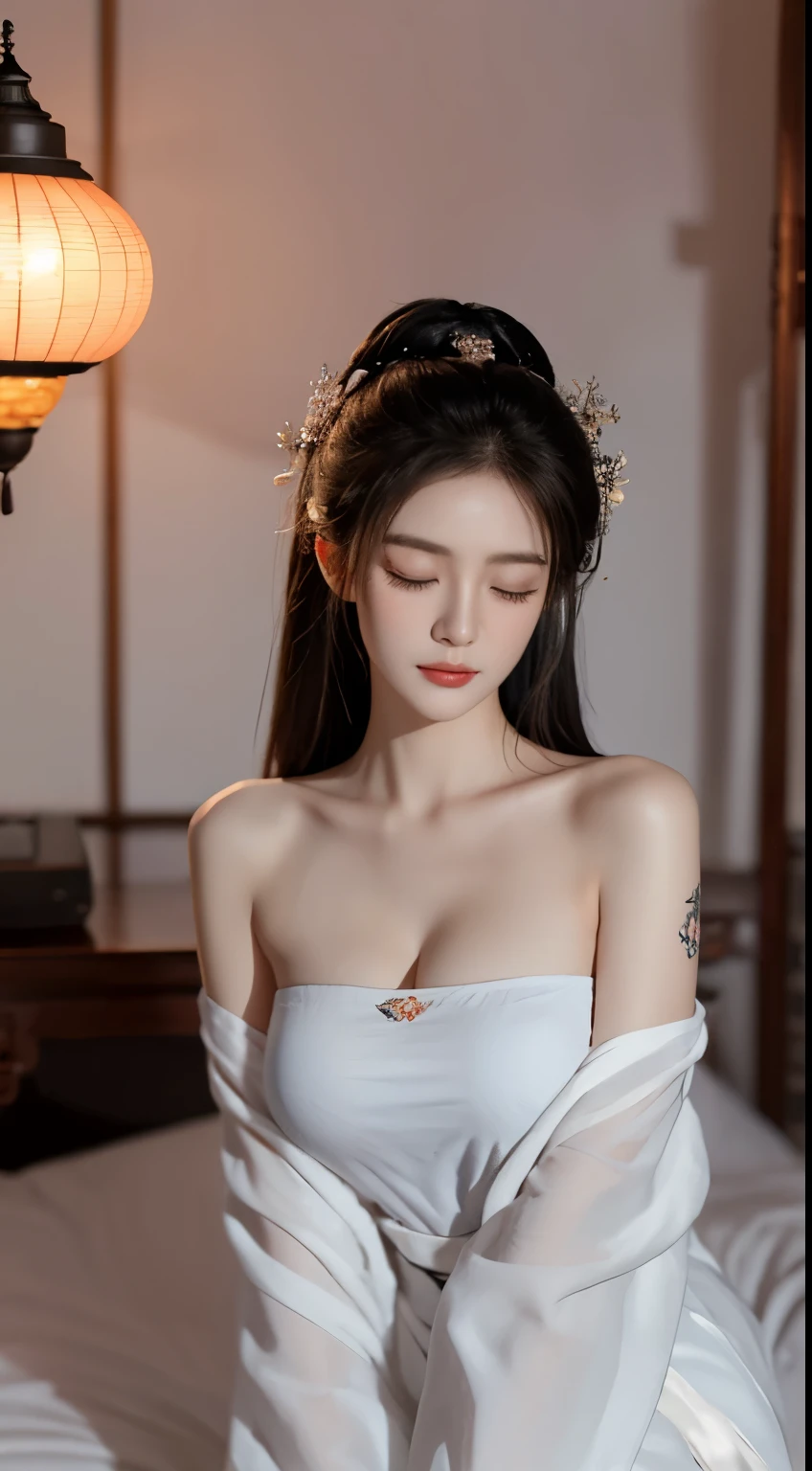 gufeng,bare shoulders, sleeping Beauty, by bella, whole body, Beautiful girl sleeping, Room with mirror, Girl sleeps on bed and sheets, Old clock and lamp on table, whole body, black hair, Mandala and flower tattoo, best quality, masterpiece, illustration, Very delicate and beautiful, Very detailed, CG, unit, 8k wallpaper, Ridiculous, File size is large, very wide lens, soft light,sleeping Beauty, by bella, whole body, Beautiful girl sleeping, whole body, black hair, faint smile,