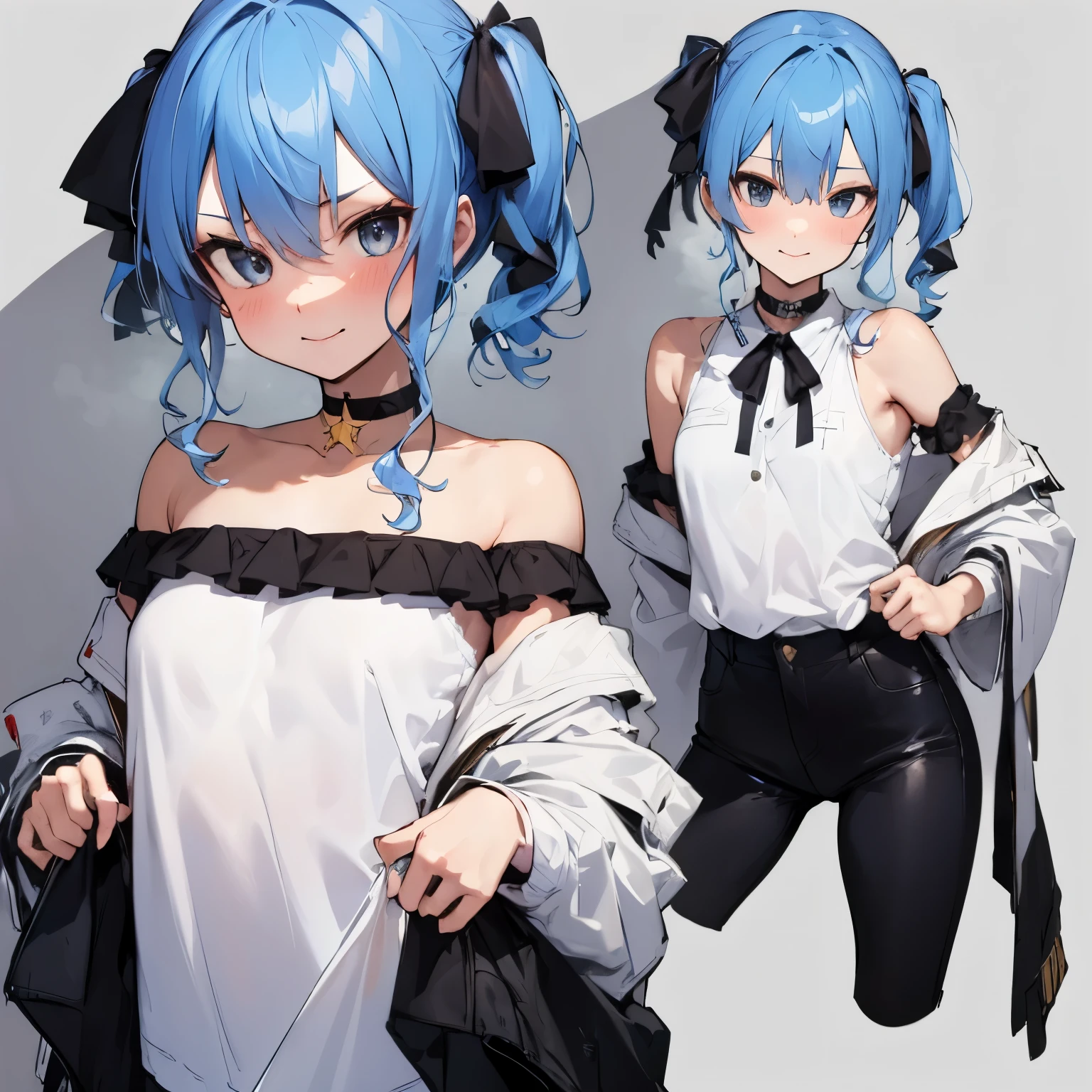 NSFW,hoshimachi suisei,blue eyes,blue hair,choker,hair between eyes,medium hair,スターchoker, star piece:1.2), highest quality, High resolution,(thin and beautiful eyes:1.6),(perfect hands, perfect anatomy),(((masterpiece))),((highest quality)),shy smile,troubled face,blush,whole body,cropped shirt,off shoulder,tight pants,thin waist,amusement park