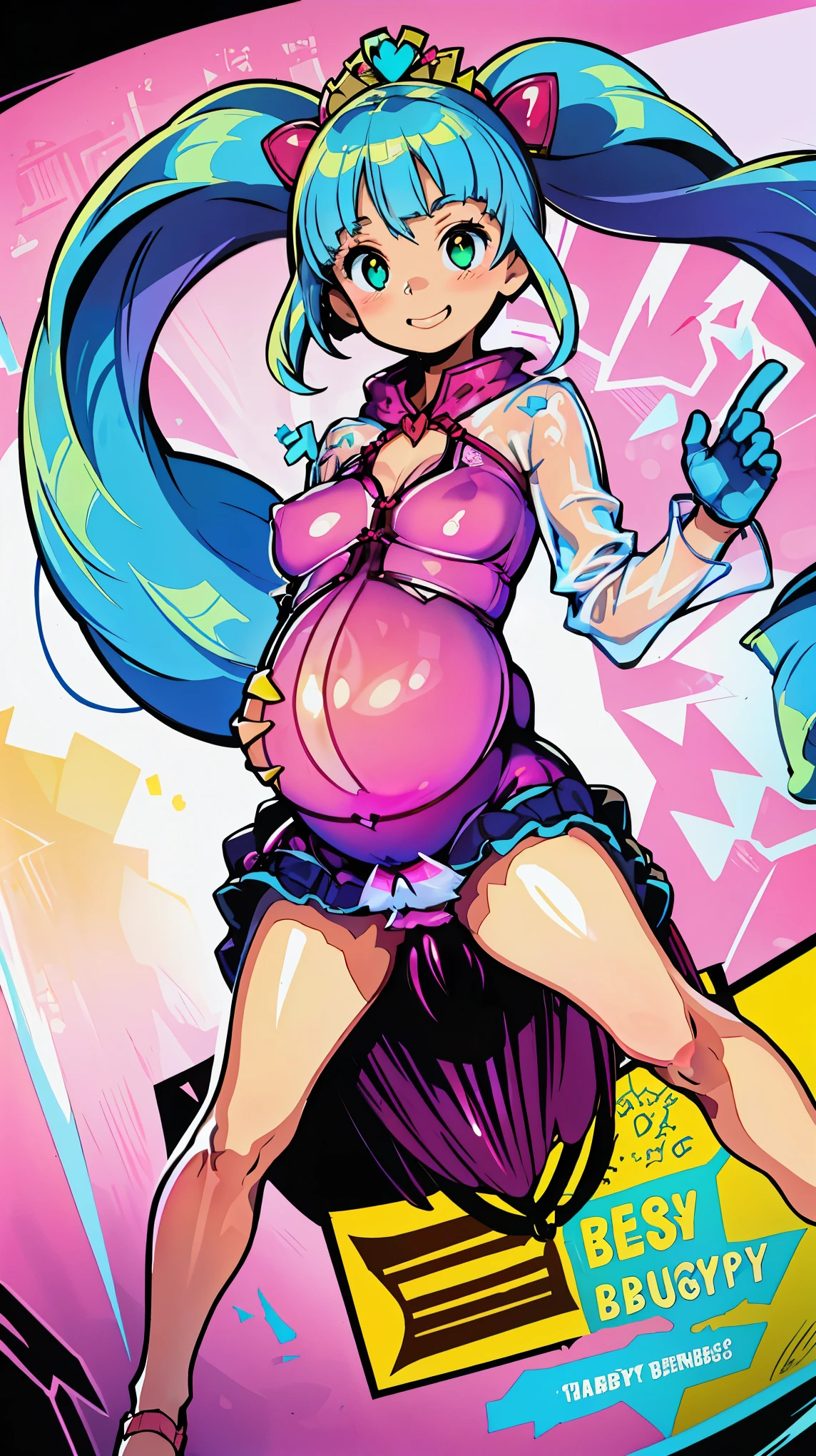 (highest quality,1.2), table top, cowboy shot, alone, 1 girl, naughty smile, (absolute small :1.5), looking at the audience, colorful hair, Star Hair Accessories, skirt, gloves, (very small and long saggy breastsRibs are protruding, (emphasized nipples:1.5), the female genitals:1.5), (wide s:1.5), (heart paste:1.3), (see-through wear:1.2), (shiny wear), stamped on the lower abdomen, uterus imprint, (pregnancy:1.5)