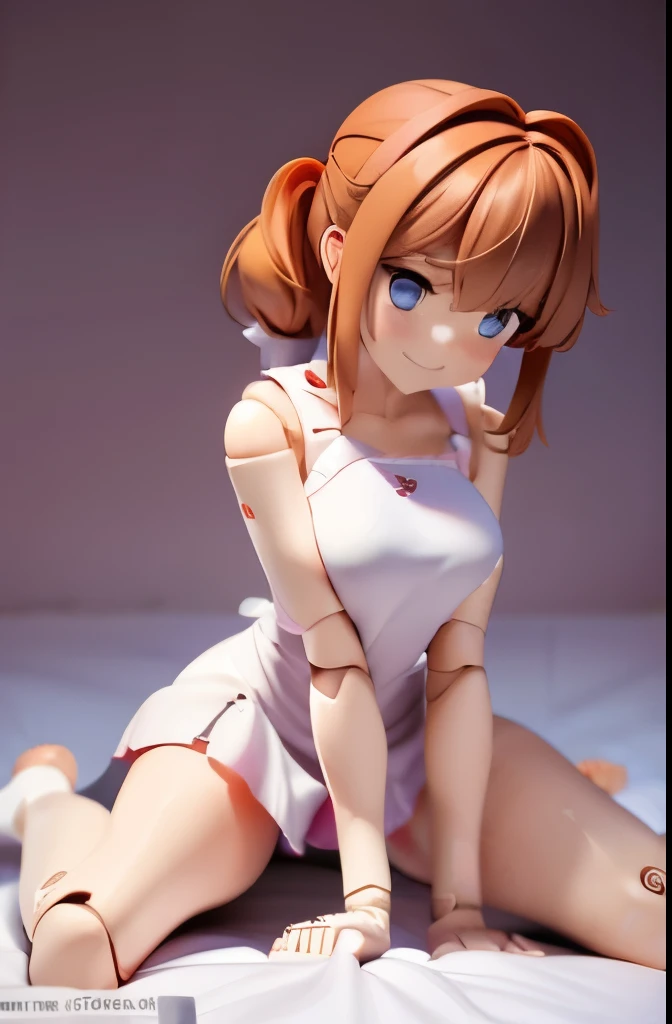 A Female robot wears white plain dress. She is laughing happily in bed room, spread legs, nude, banzai pose,  Brown short hair is tied with two big red clothespins, She lifts up the under hem of her white plain dress, leaning over, masterpiece, very short pigtails,brown hair, mature, android, blue eyes, full body figure, Height: 160cm, flushed cheeks, 2020s anime picture, she is loved in missionary angle, A beautiful robot with short brown hair in two short pigtails held up by two very large huge red clothespins, Uplifting, No NSFW, whole body, barefoot, archaic smile, getting orgasm, 25 years old, sweat bucket,  She is half sitting posture or crouching position.