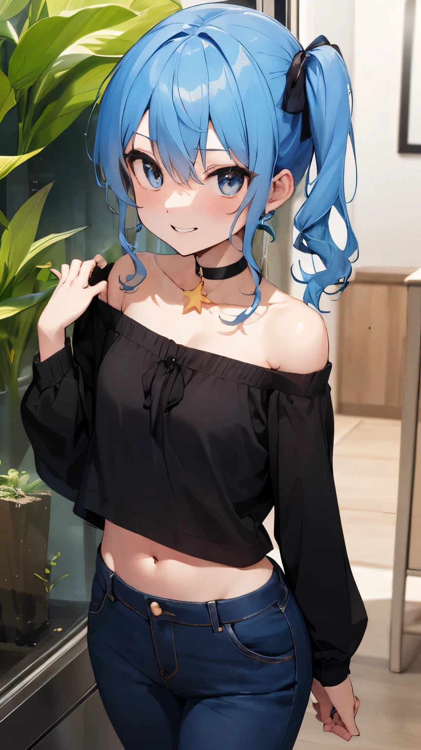 NSFW,hoshimachi suisei,blue eyes,blue hair,choker,hair between eyes,medium hair,side ponytail,スターchoker, star piece:1.2), highest quality, High resolution,(thin and beautiful eyes:1.6),(perfect hands, perfect anatomy),(((masterpiece))),((highest quality)),shy smile,troubled face,blush,whole body,cropped shirt,off shoulder,tight pants,thin waist,aquarium