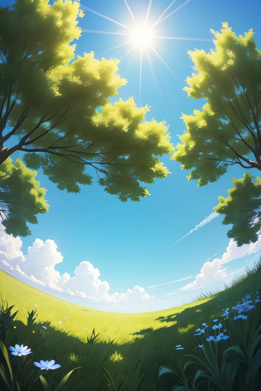 scenario with grass and blue sky, perspectiva de baixo, scenario. luz ambiente