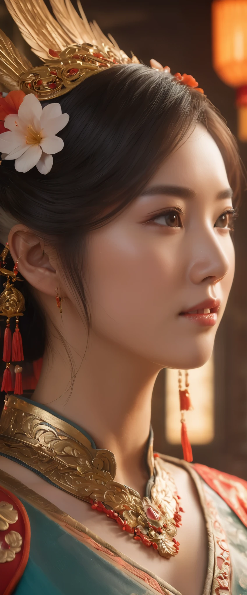 Best Picture Quality, Masterpiece Level, Ultra High Resolution, Realism, Fantasy Theme, Head Close-Up, A Girl, Single, Scatter, Chinese Architecture, Indoor, First-Person Perspective, Phoenix Headdress, Floral Dress, Get Detailed Interior Lighting and Cinematic Lighting, Increase Detailed Overall Ambient Light, Face and Eye Detail, Improve Face Detail Realism, Clear Sharp Focus, Sobbing, Mouth Biting, Frowning, Bright Eyes, Simple Background, Sony Master Lens.