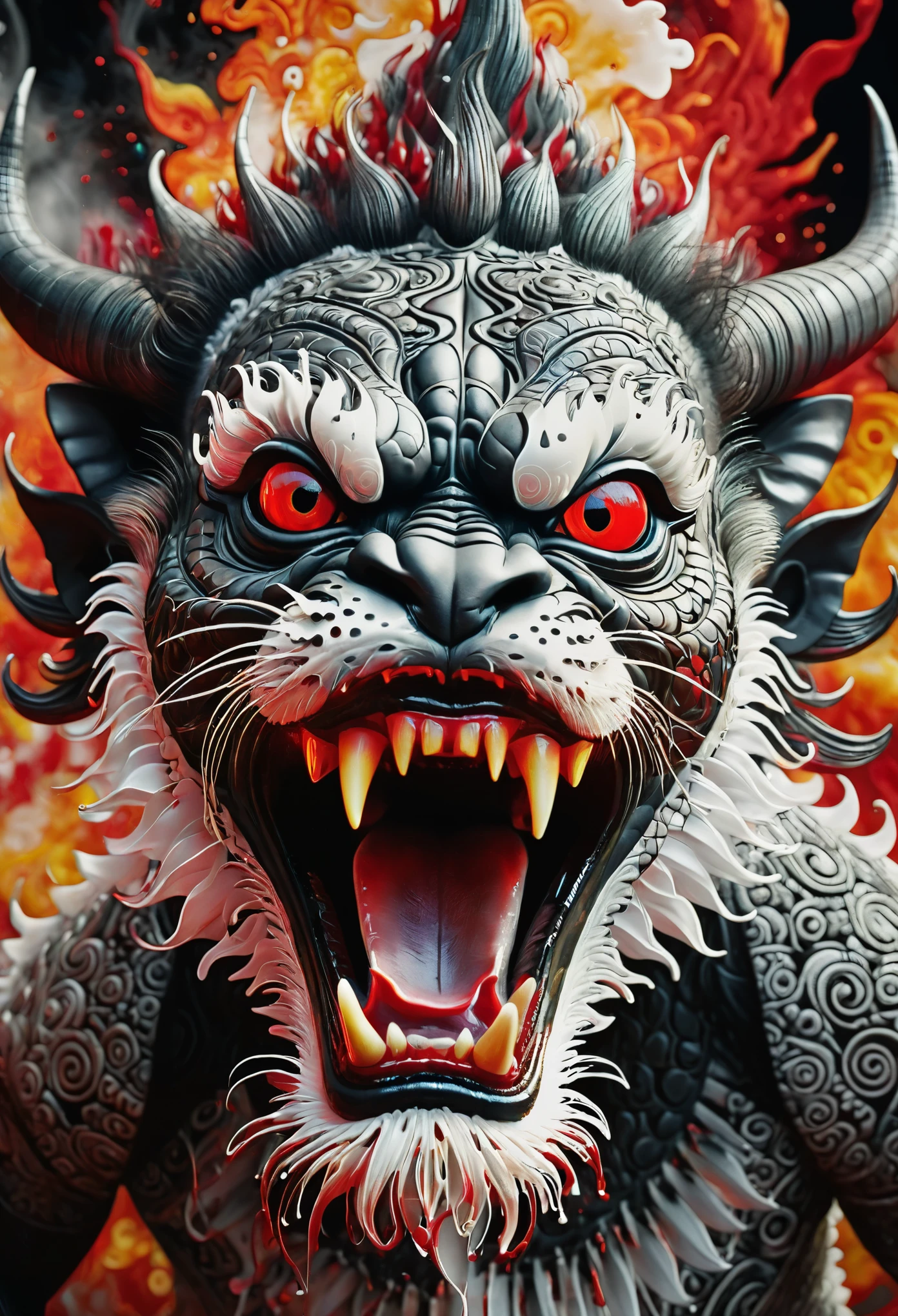 realistic distorted perspective, close-up, zoom. The ferocity of the Balinese Barong full of madness with red eyes and killing desired face jumps towards the camera, alcohol ink dynamic colors splash art with Balinese batik fractal patterns, Outline red flame, 3D geometrical black and white square background. Stamping. hyper-detailed. key visual