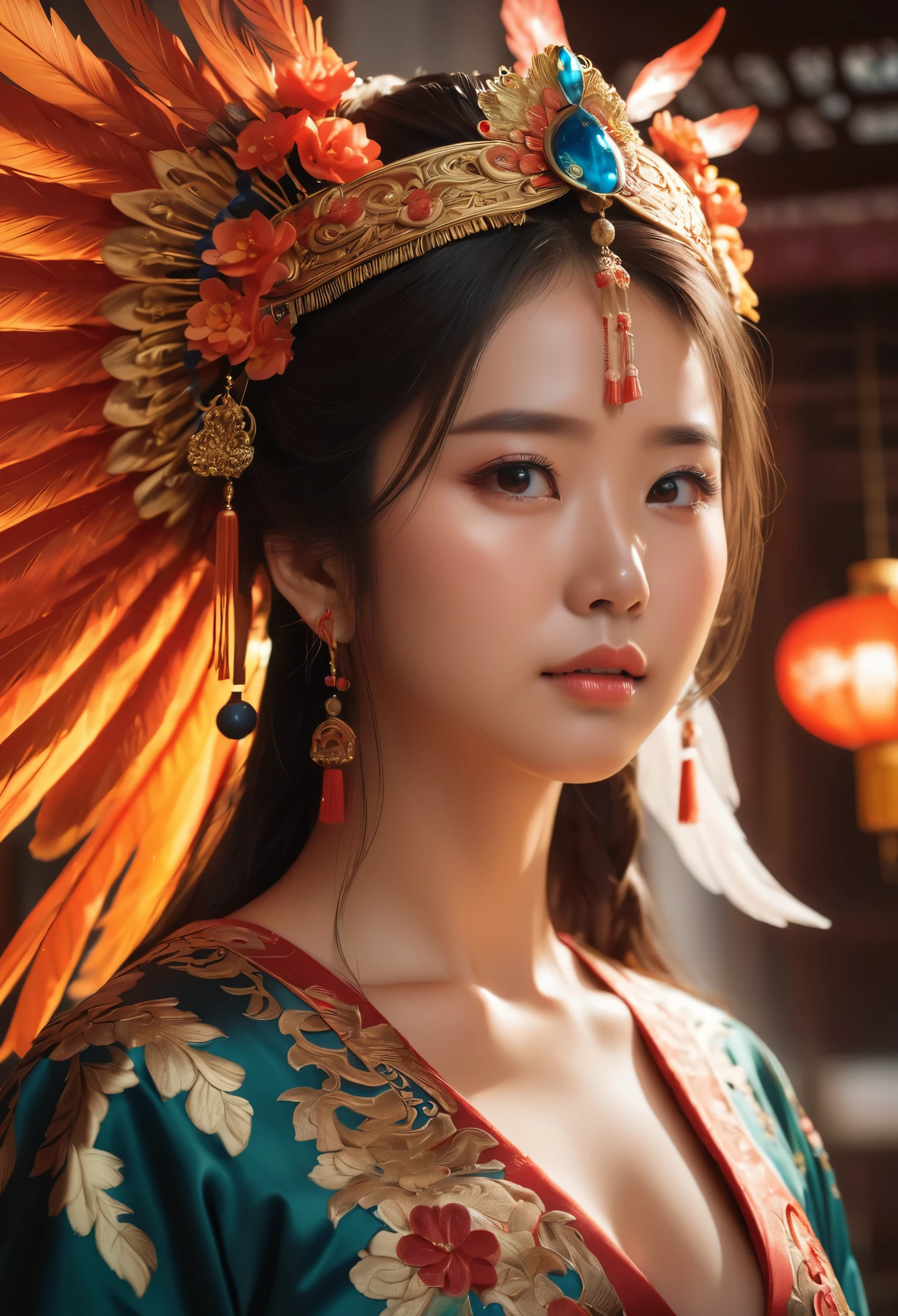 Best Picture Quality, Masterpiece Level, Ultra High Resolution, Realism, Fantasy Theme, Head Close-Up, A Girl, Single, Scatter, Chinese Architecture, Indoor, First-Person Perspective, Phoenix Headdress, Floral Dress, Get Detailed Interior Lighting and Cinematic Lighting, Increase Detailed Overall Ambient Light, Face and Eye Detail, Improve Face Detail Realism, Clear Sharp Focus, Sobbing, Mouth Biting, Frowning, Bright Eyes, Simple Background, Sony Master Lens.