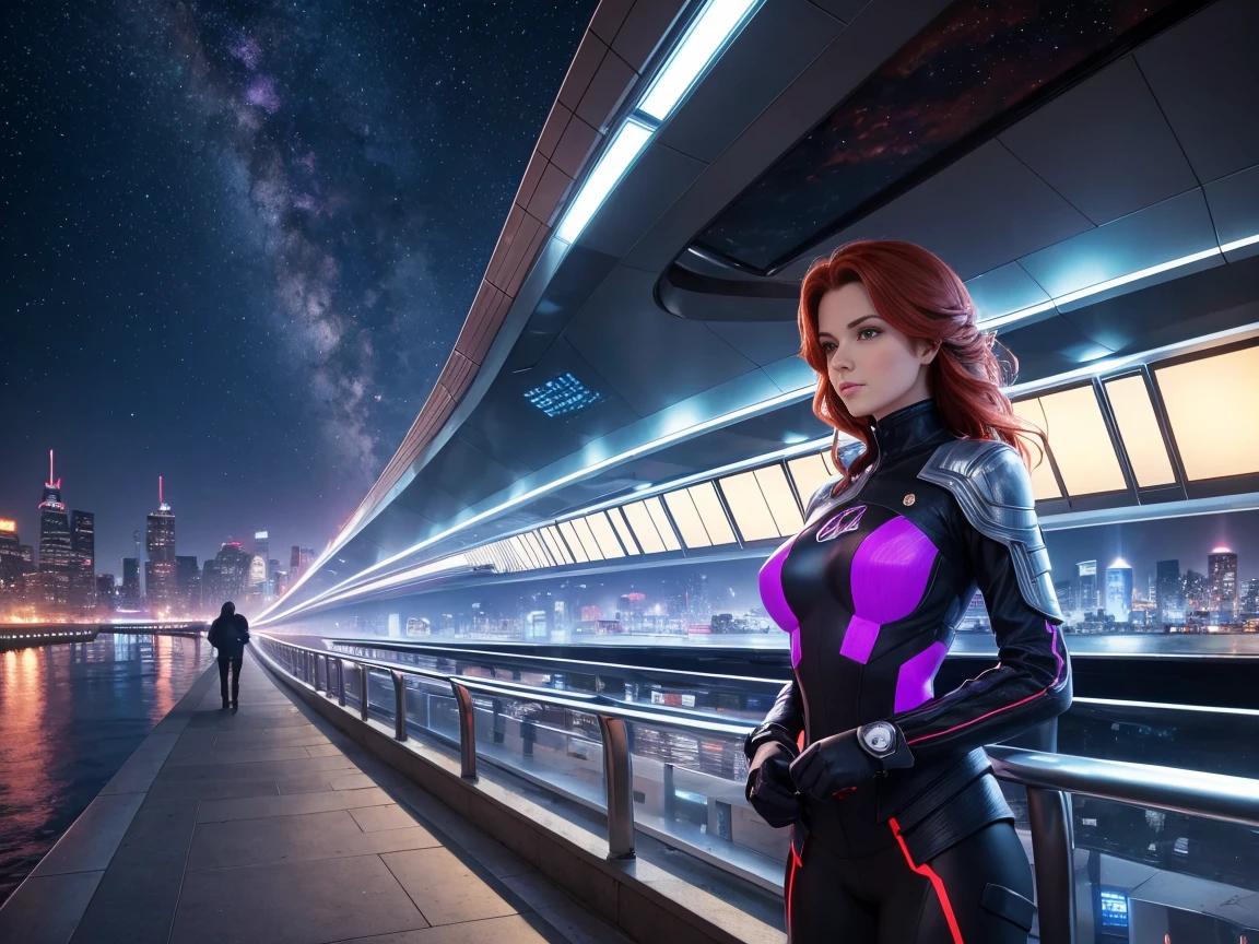 Triss Merigold, Transport the viewer to a futuristic cityscape where advanced technology integrates with futuristic bike designs. Envision sleek and innovative bikes, holographic displays, and high-tech transportation against the backdrop of a stunning futuristic city. Luminous portholes can be seen in the station. In the background, the purple and orange Milky Way galaxy is visible, along with stars that are very detailed and photorealistic. They are of high detail and have won the Wallpaper Award.