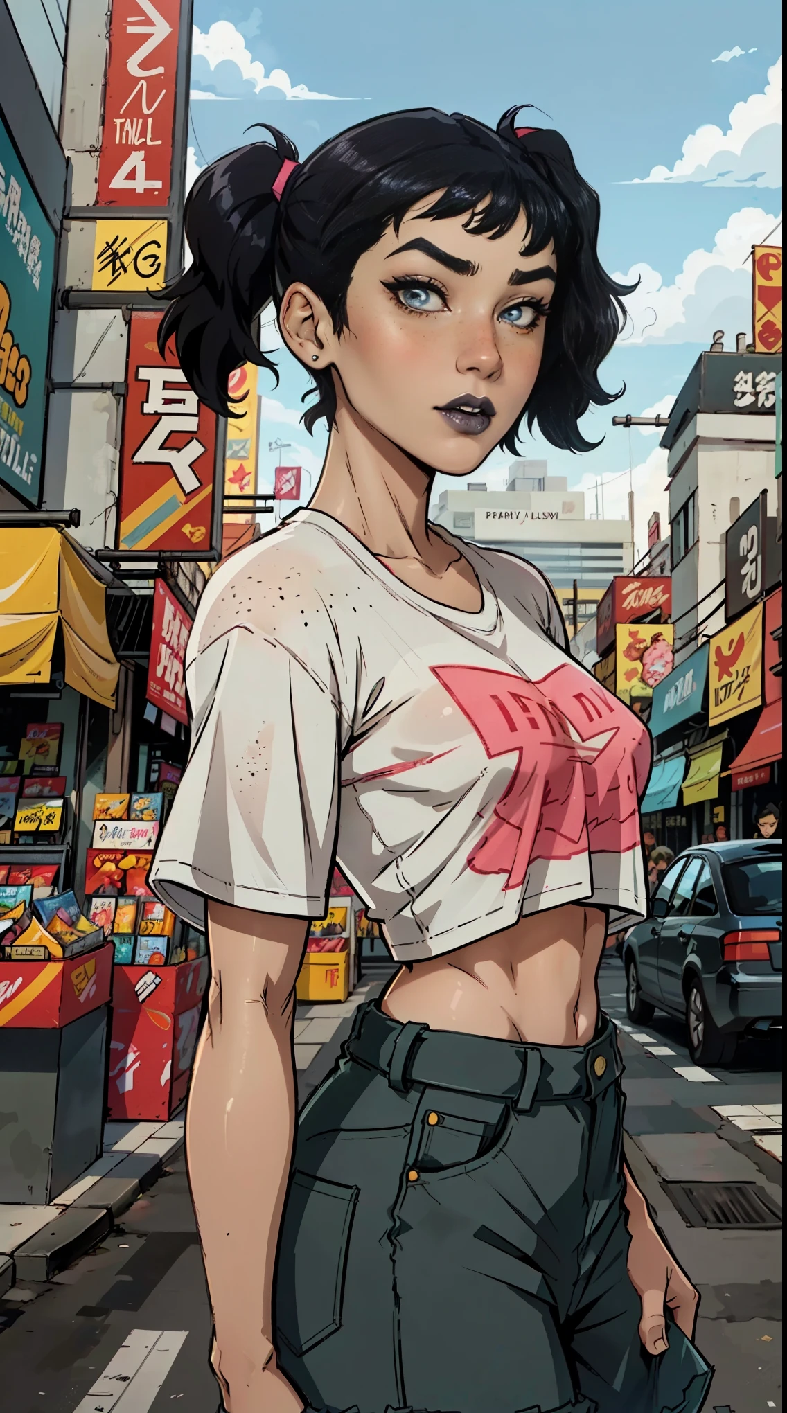 Close up of an supermodel woman face, at a busy cluttered city street background, daytime, pale blue eyes, detailed short pink hair with pigtails and shaved sides haircut, freckles, blushing, pouting expression, single eyebrow raised, eye shadow, black lipstick, pierced eyebrow, huge tits, wearing a loose baggy tshirt crop top, looking to the side, comic book style, flat shaded, prominent comic book outline linework