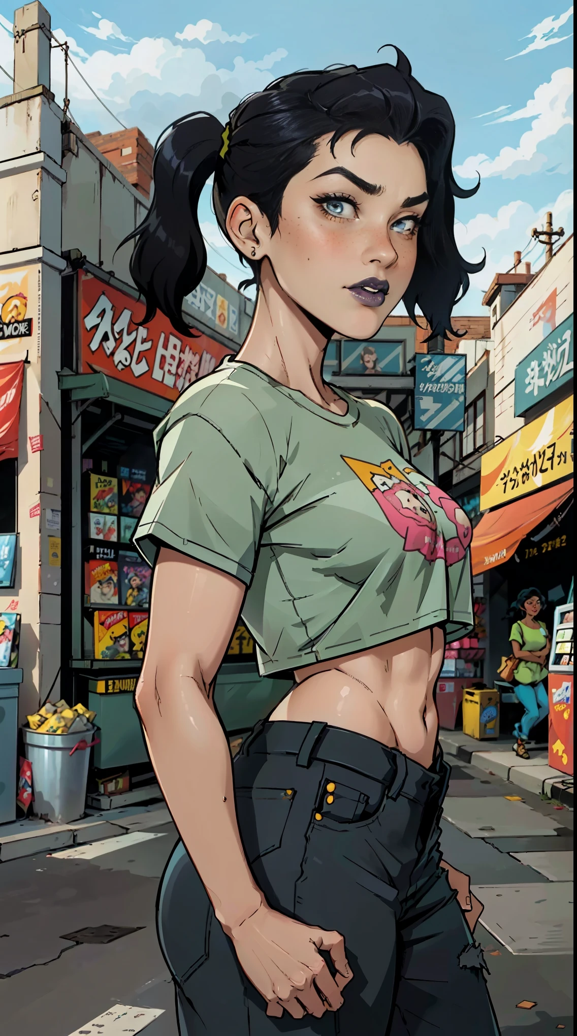 Close up of an supermodel woman face, at a busy cluttered city street background, daytime, pale blue eyes, detailed short pink hair with pigtails and shaved sides haircut, freckles, blushing, pouting expression, single eyebrow raised, eye shadow, black lipstick, pierced eyebrow, big tits, wearing a loose baggy tshirt crop top, looking to the side, comic book style, flat shaded, prominent comic book outline linework