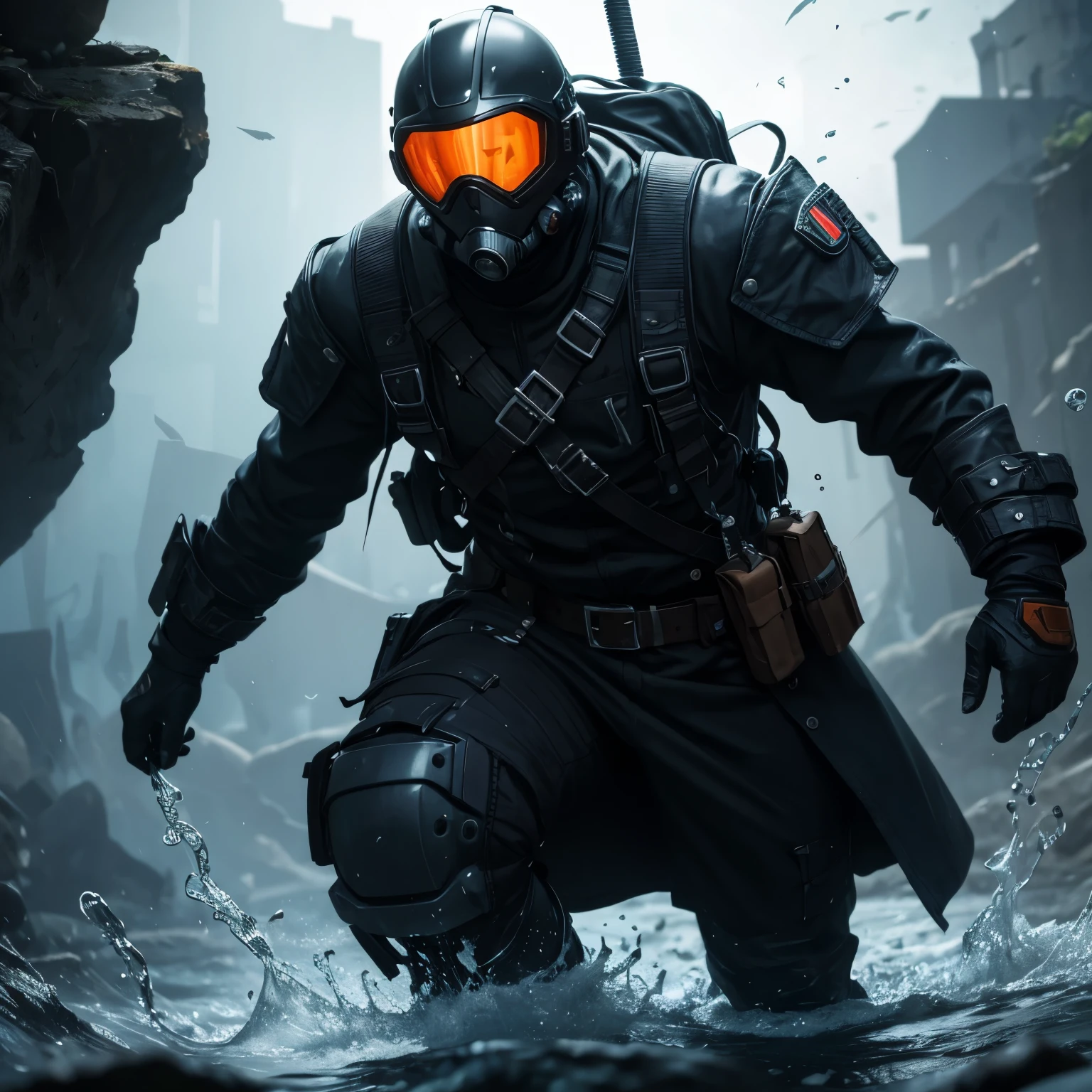 27 year old solo male. Face and skin not visible. Works as an adventurer. technology and water manipulation. Futuristic tactical combat gear consists of a distressed looking dark blue trench coat with black accents and a helmet that looks like an old metal scuba diving helmet.