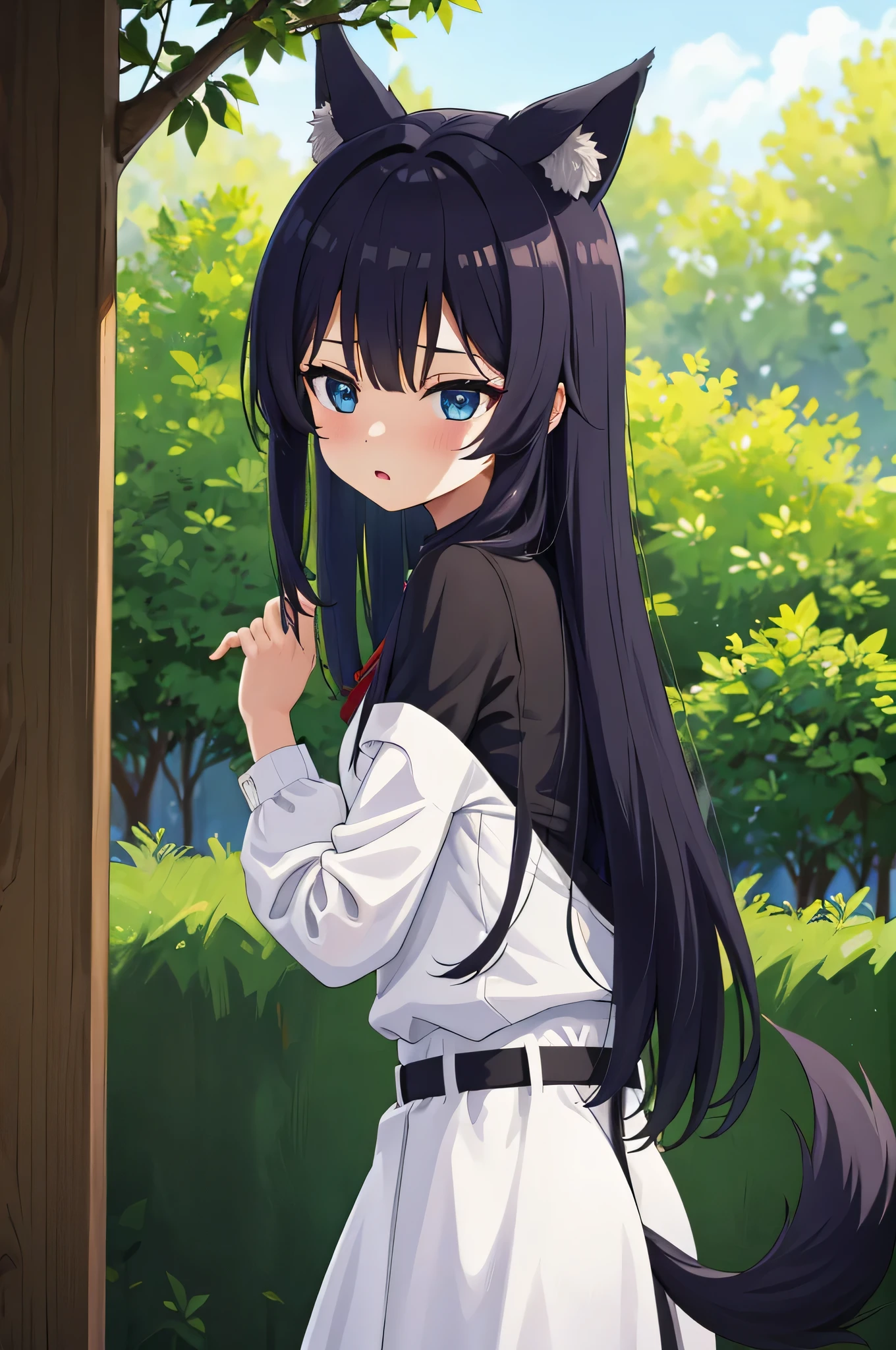 Anime girl with wolf ears and tail, in the forest, Black hair, high quality, best quality, 4k, masterpiece, 2k,