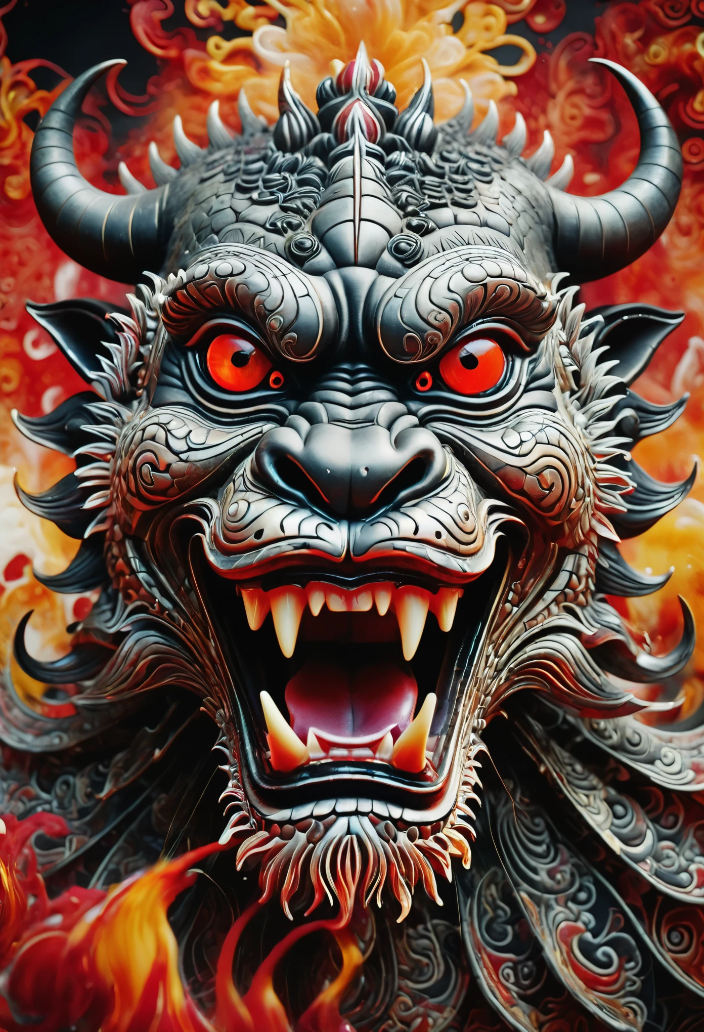 realistic distorted perspective, close-up, zoom. The ferocity of the Balinese Barong full of madness with red eyes and killing desired face jumps towards the camera, alcohol ink dynamic colors splash art with Balinese batik fractal patterns, Outline red flame, 3D geometrical black and white square background. Stamping. hyper-detailed. key visual