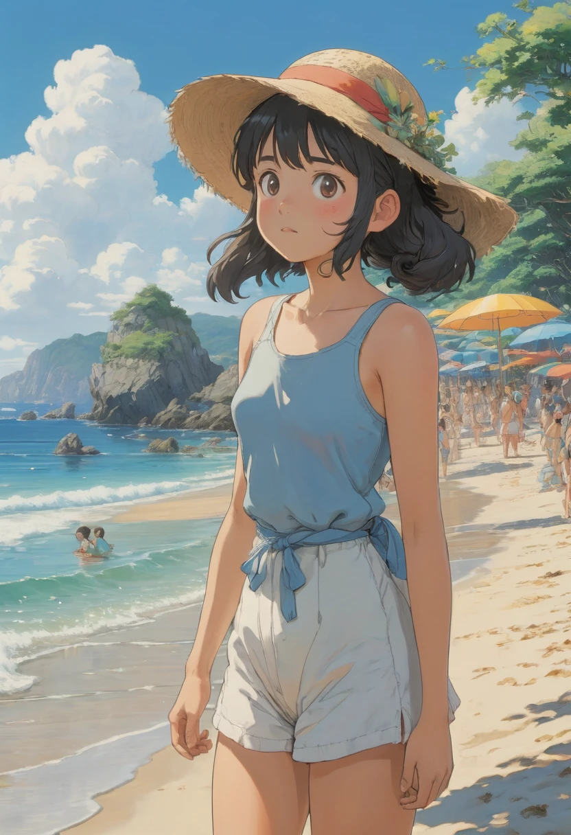 beach Summer festival, anime realism, by Studio Ghibli Style, Ghibli color, Miyazaki Hayao style, best quality, masterpiece, 8k, Representative work, official art, Professional, Ultra intricate detailed