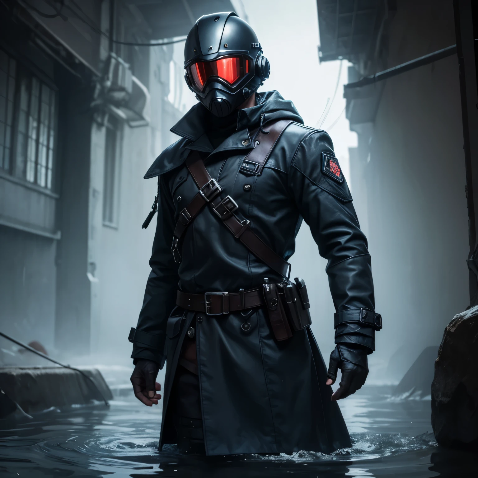 27 year old solo male. Face and skin not visible. Works as an adventurer. technology and water manipulation. Futuristic tactical combat gear consists of a distressed looking dark blue trench coat with black accents and a helmet that looks like an old metal scuba diving helmet.
