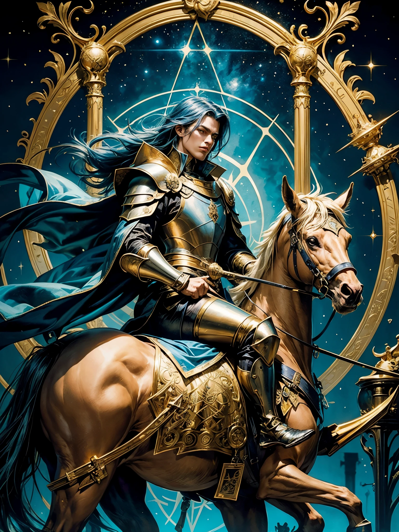 The Tarot card depicts a knight sitting on a horse, he holding a big gold pentacle , stylized in blue and gold colors, full hd, hyper realistic, realistic style, the best quality