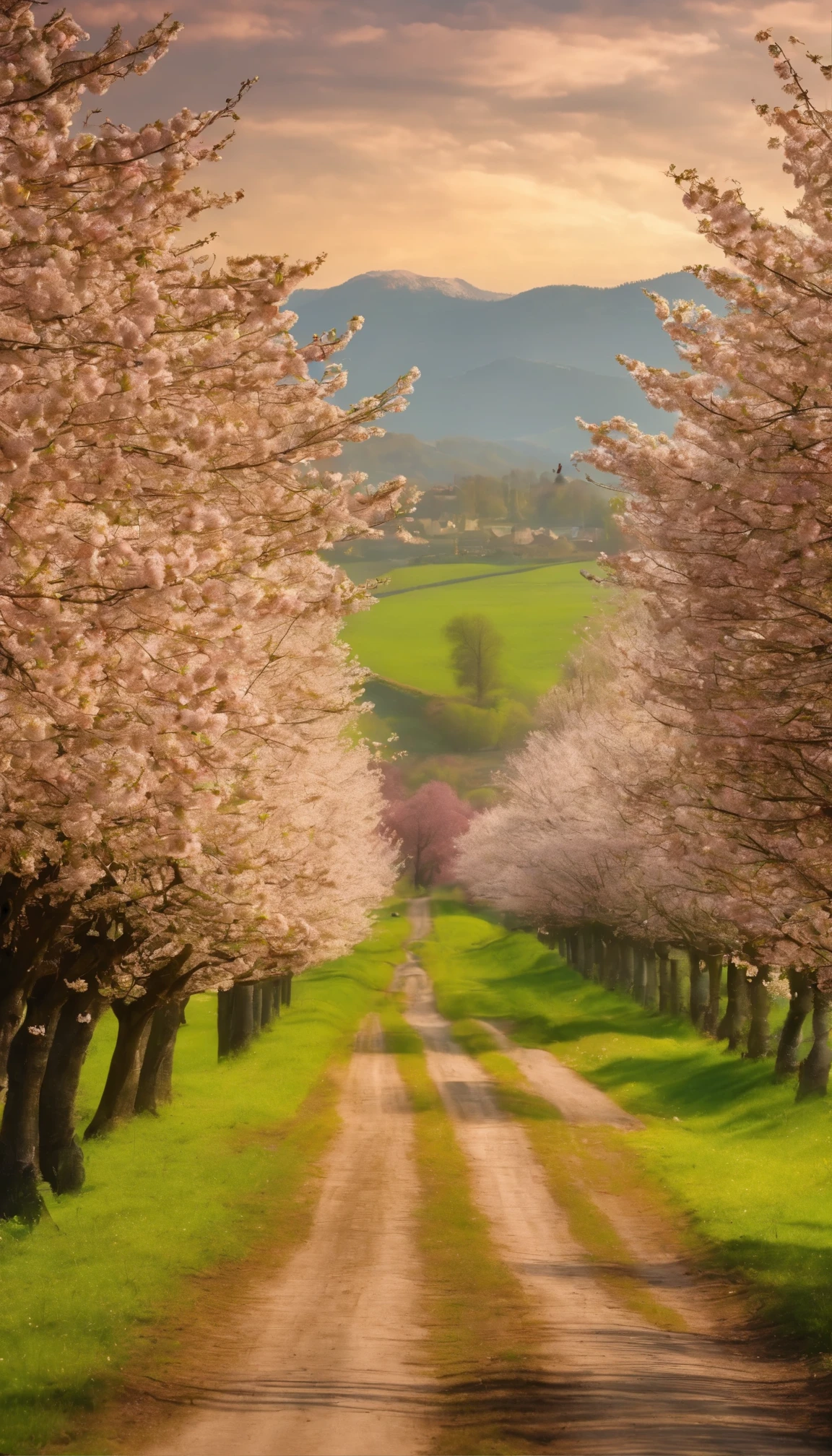 Create an image of a charming farming road. All the animals eating grass, 8K, UHD, HD, rolls of cherry trees at large farm with trees blossom, bee keeper box around flowering trees 