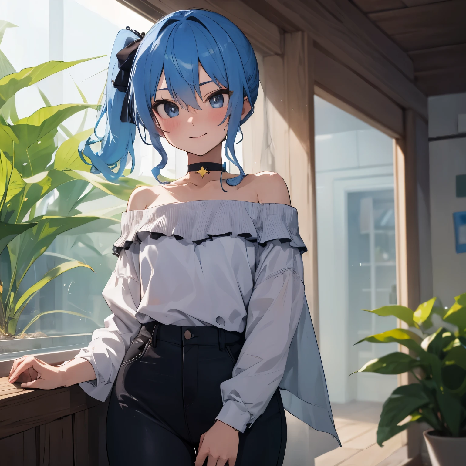 hoshimachi suisei,blue eyes,blue hair,choker,hair between eyes,medium hair,side ponytail,スターchoker, star piece:1.2), highest quality, High resolution,(thin and beautiful eyes:1.6),(perfect hands, perfect anatomy),(((masterpiece))),((highest quality)),shy smile,troubled face,blush,whole body,cropped shirt,off shoulder,tight pants,thin waist,aquarium