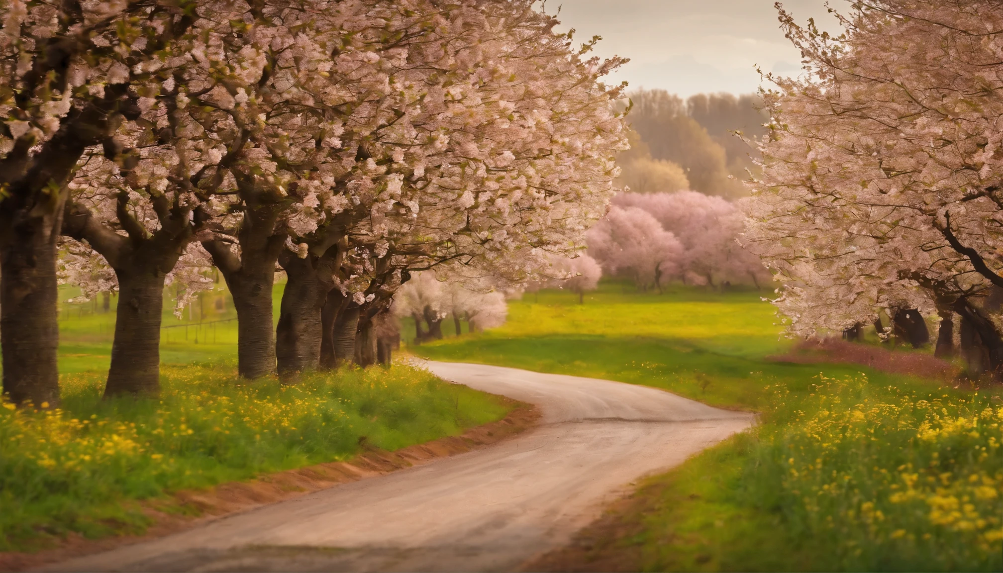 Create an image of a charming farming road. All the animals eating grass, 8K, UHD, HD, rolls of cherry trees at large farm with trees blossom, bee keeper box around flowering trees 