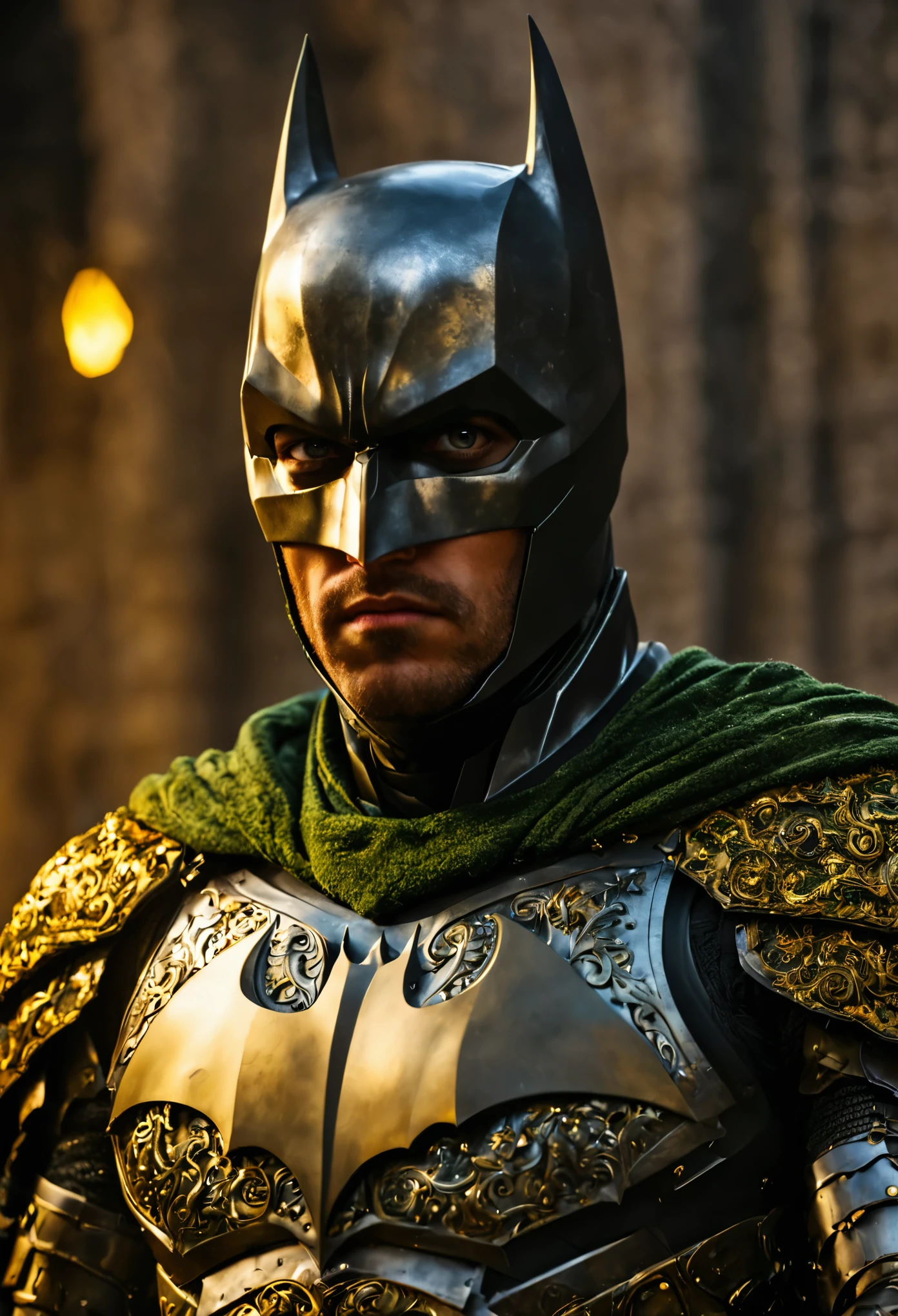 Batman with green pupils, confident expression, wearing beautiful silver armor with golden patterns all over the armor, exuding a dark yellow glow, In the background, a medieval castle