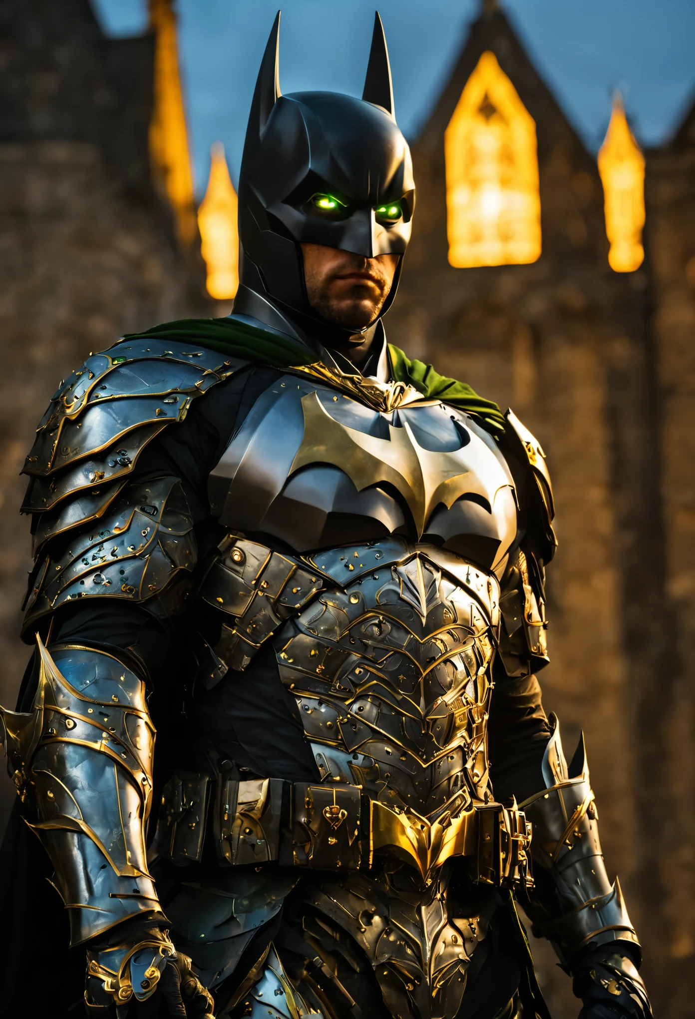 Batman with green pupils, confident expression, wearing beautiful silver armor with golden patterns all over the armor, exuding a dark yellow glow, In the background, a medieval castle