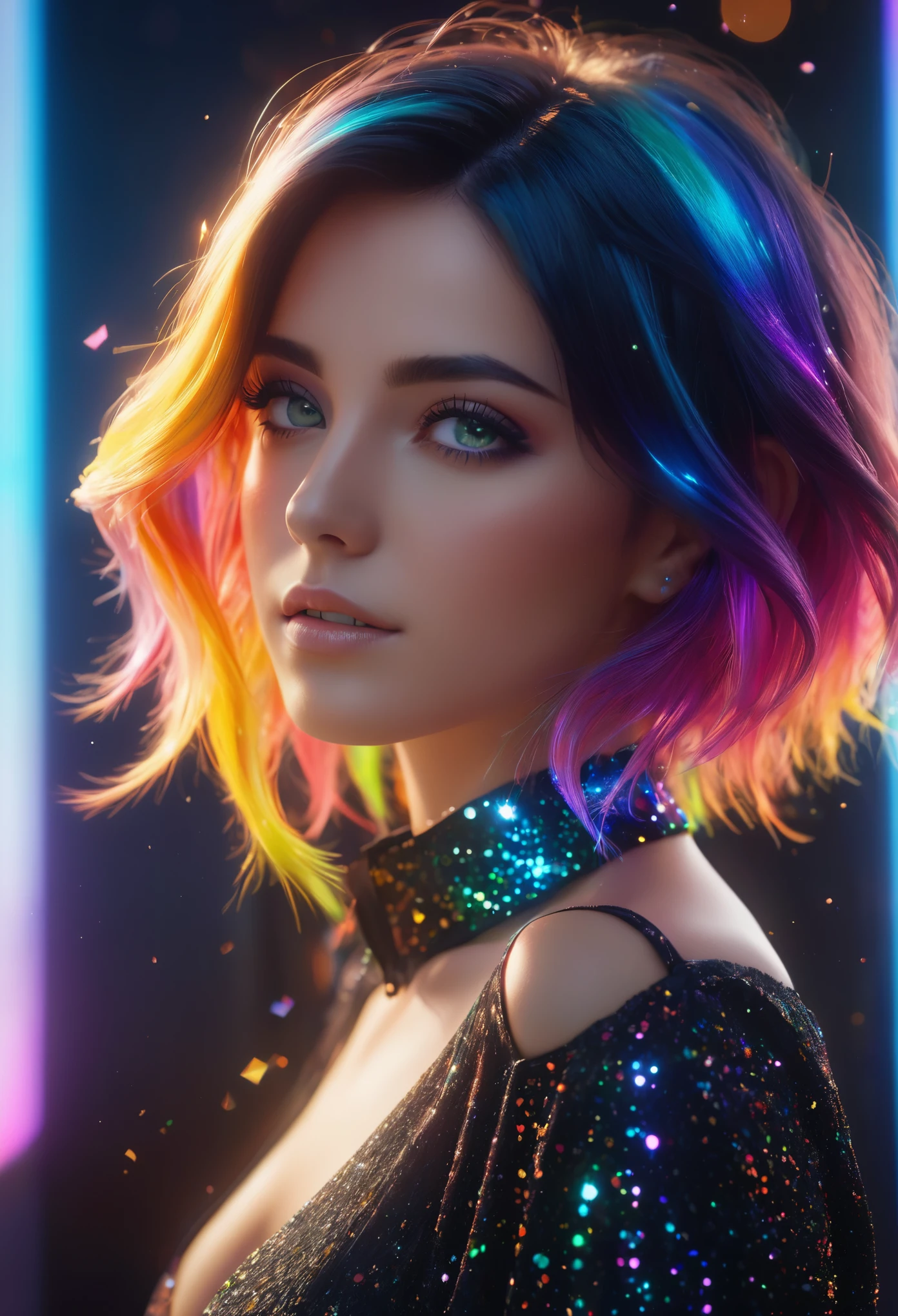 {{masterpiece}}, best quality, extremely detailed CG unity 8k wallpaper, cinematic lighting, lens flare, beautiful detail eyes, black, side glance, multicolor hair, colorful light, particles, heterochromia, (colorful:1.5), (colorful hair:1.5),
