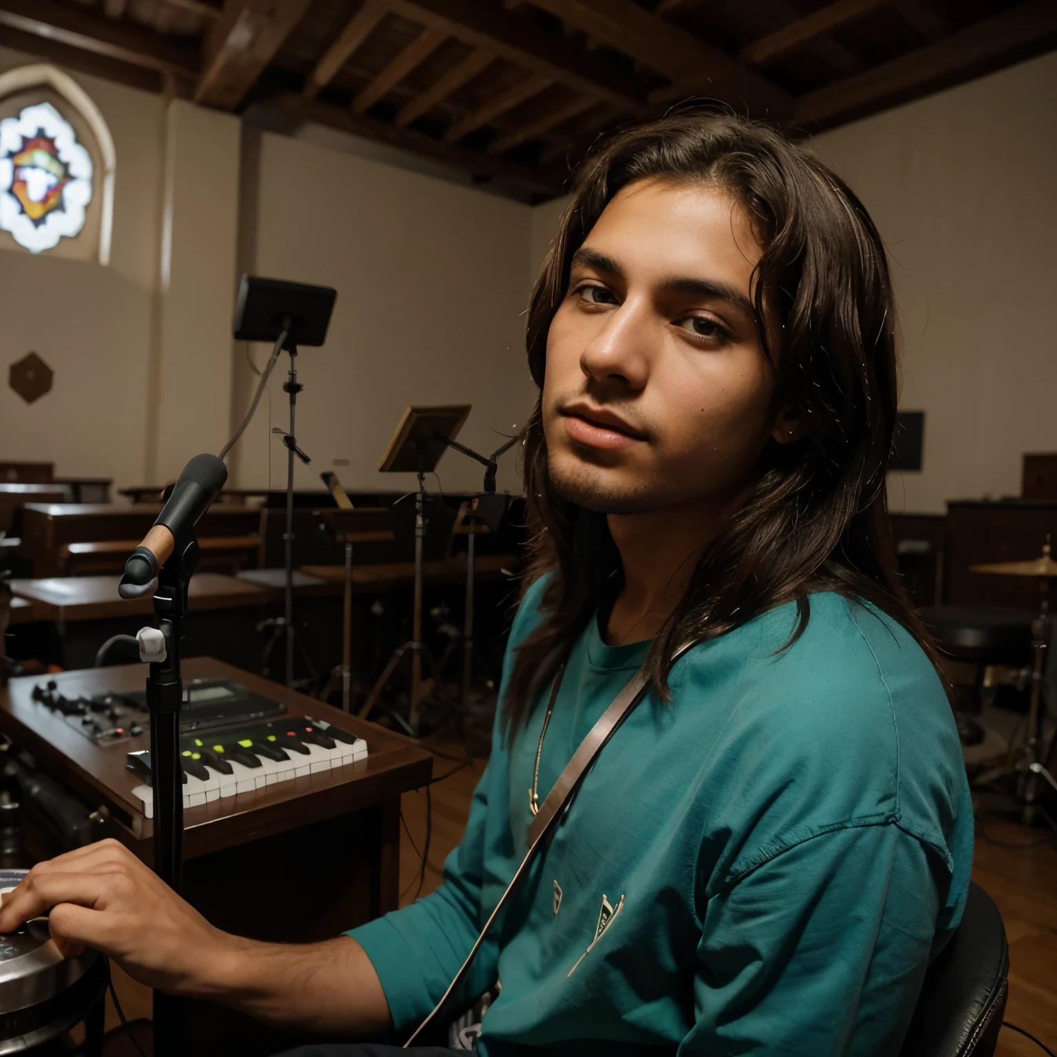Crie um menino de pele branca e cabelo curto e meio crespo tocando bateria dentro da igreja