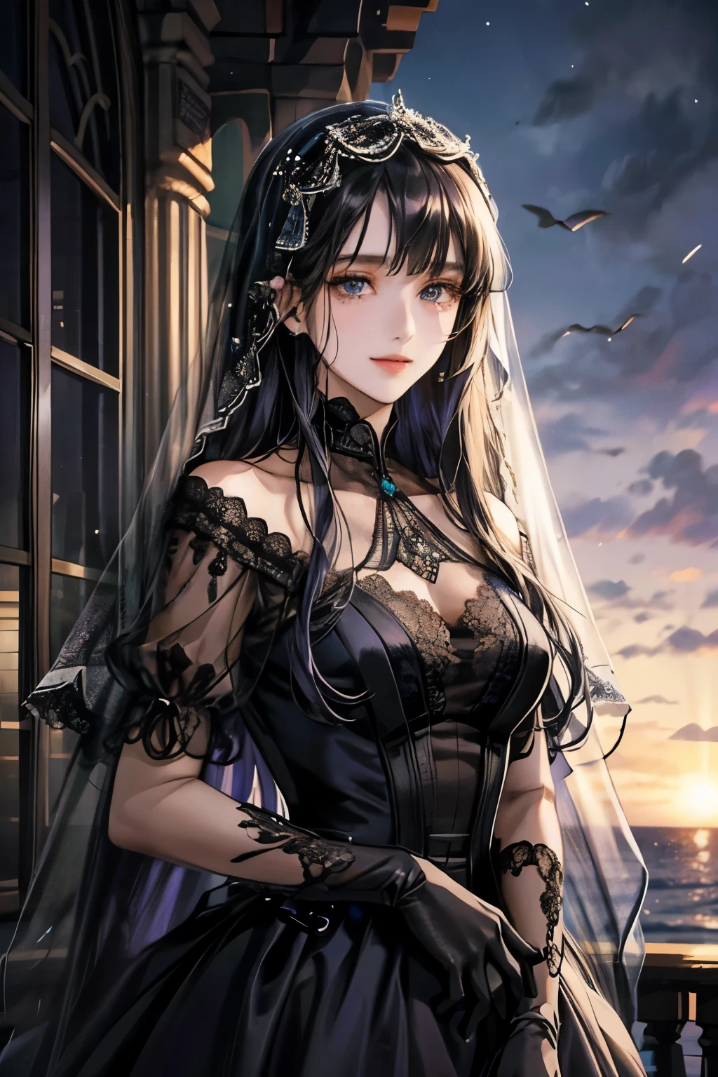 Ocean、droopy eyes、brown eyelids on face、smile、17 year old female、Woman in black dress、((long hair girl))、woman with bangs、detailed face、((best image quality))、mole、gloves、lace purple dress、veil、Ocean辺、Black and purple clothes、1 woman、alone