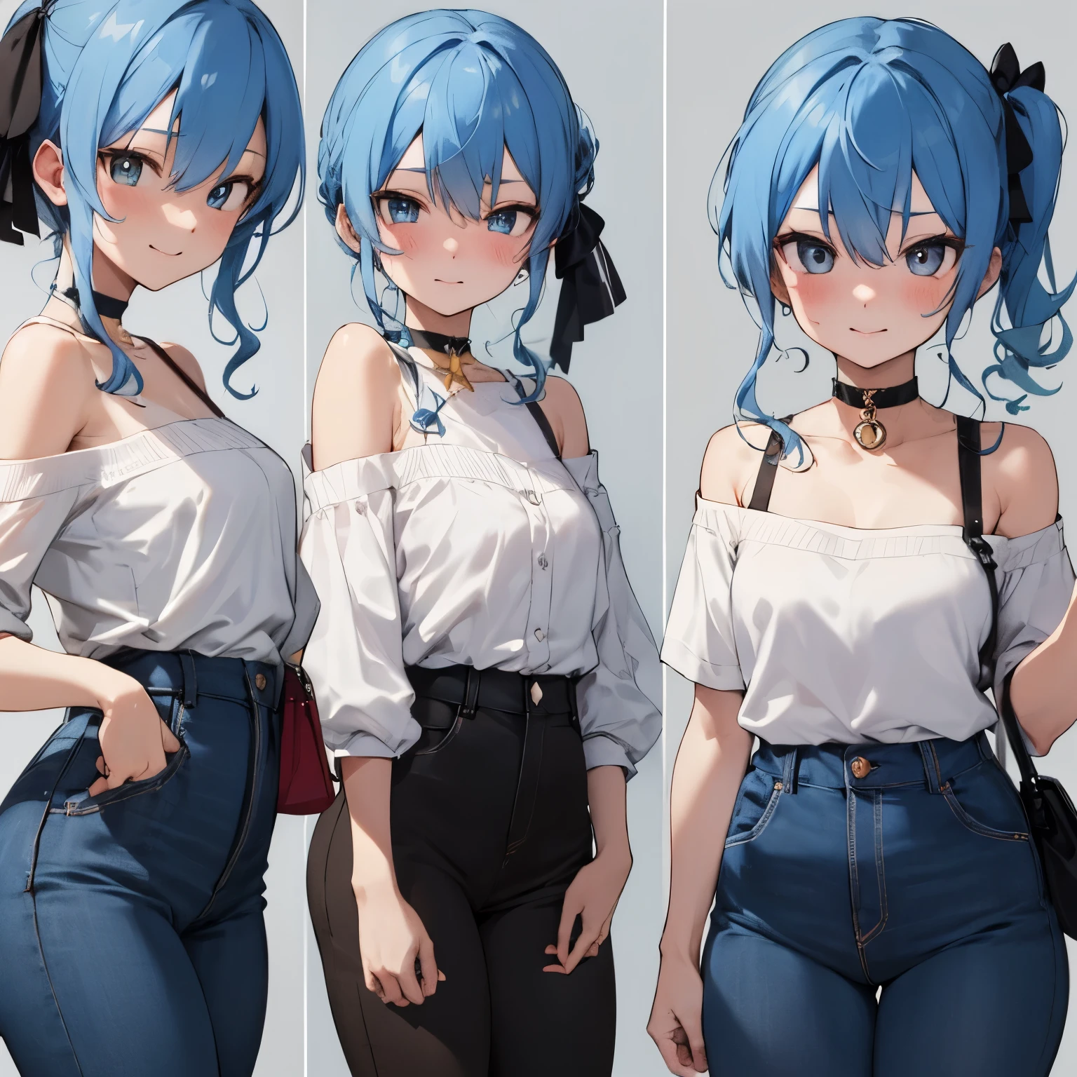 hoshimachi suisei,blue eyes,blue hair,choker,hair between eyes,medium hair,side ponytail,スターchoker, star piece:1.2), highest quality, High resolution,(thin and beautiful eyes:1.6),(perfect hands, perfect anatomy),(((masterpiece))),((highest quality)),shy smile,troubled face,blush,whole body,cropped shirt,off shoulder,tight jeans,Shoulder bag,thin waist,Rain Cafe