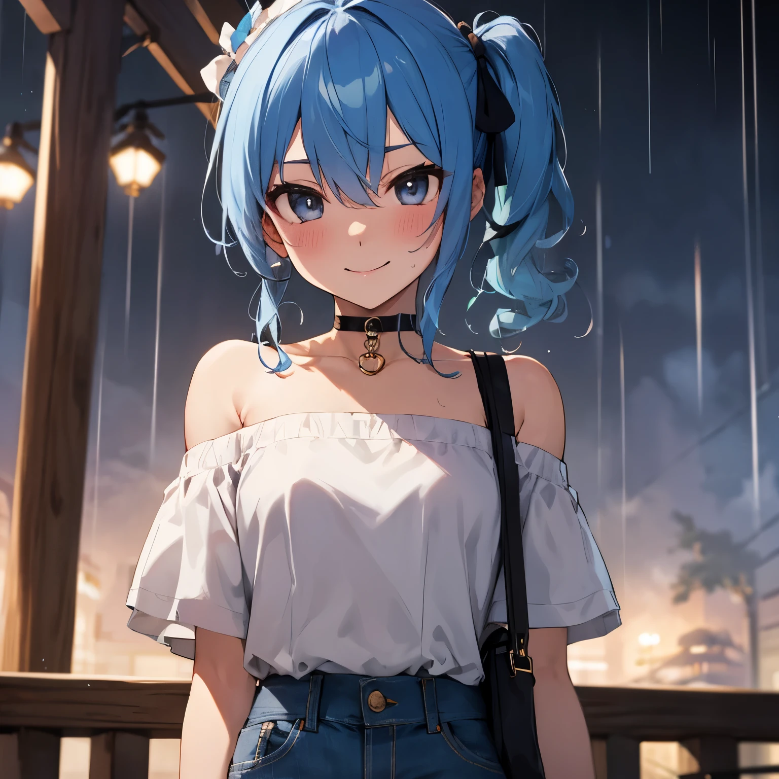 hoshimachi suisei,blue eyes,blue hair,choker,hair between eyes,medium hair,side ponytail,スターchoker, star piece:1.2), highest quality, High resolution,(thin and beautiful eyes:1.6),(perfect hands, perfect anatomy),(((masterpiece))),((highest quality)),shy smile,troubled face,blush,whole body,cropped shirt,off shoulder,tight jeans,Shoulder bag,thin waist,Rain Cafe